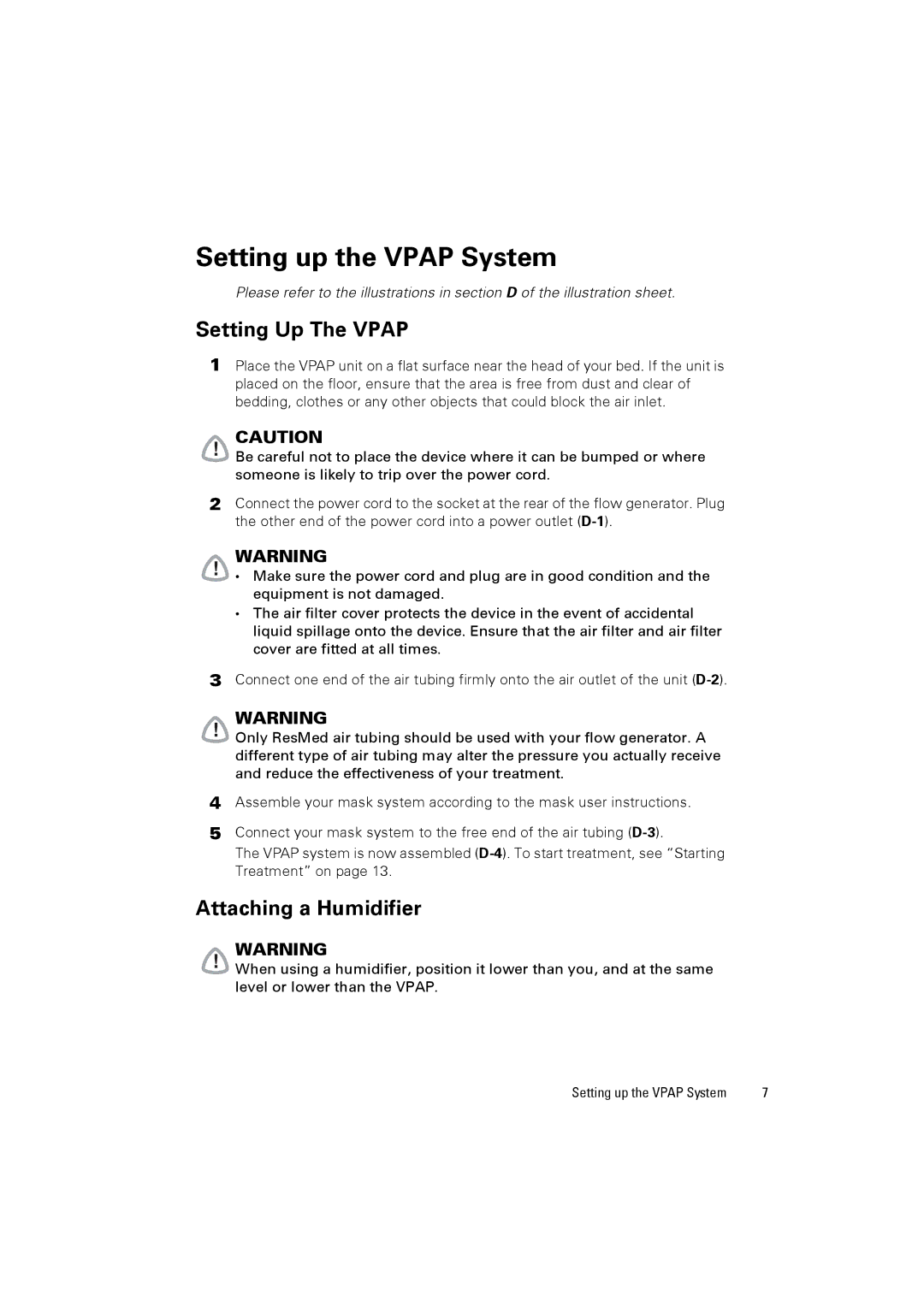 ResMed 248127 user manual Setting up the Vpap System, Setting Up The Vpap, Attaching a Humidifier 