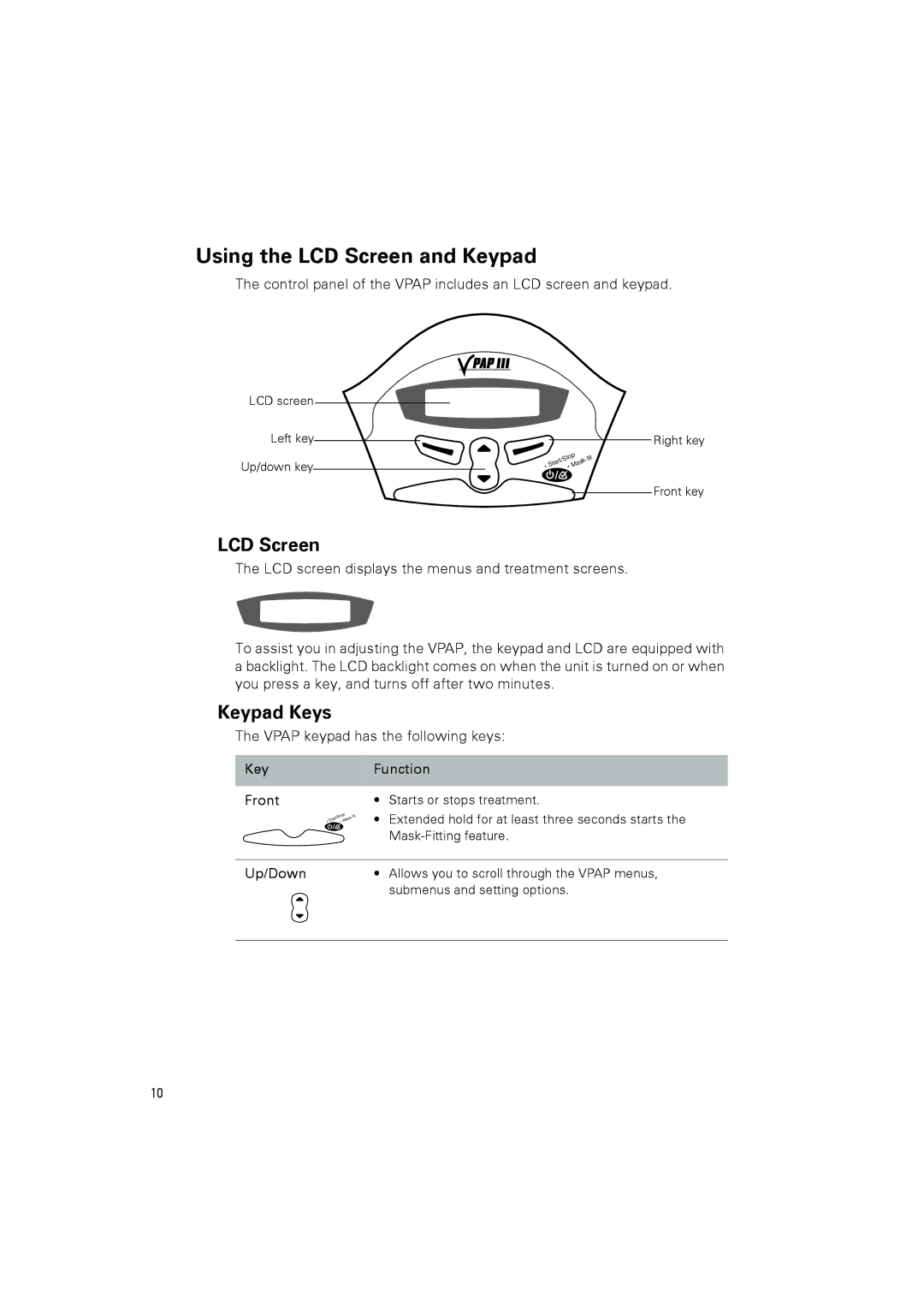 ResMed 248127 user manual Using the LCD Screen and Keypad, Keypad Keys, KeyFunction Front, Up/Down 