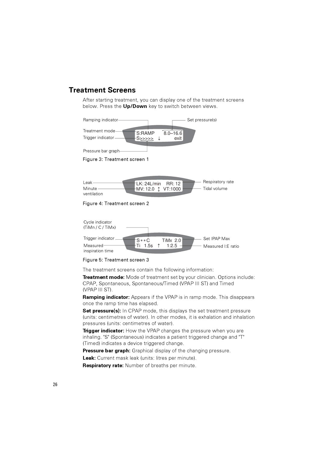 ResMed 248127 user manual Treatment Screens, Treatment screen 