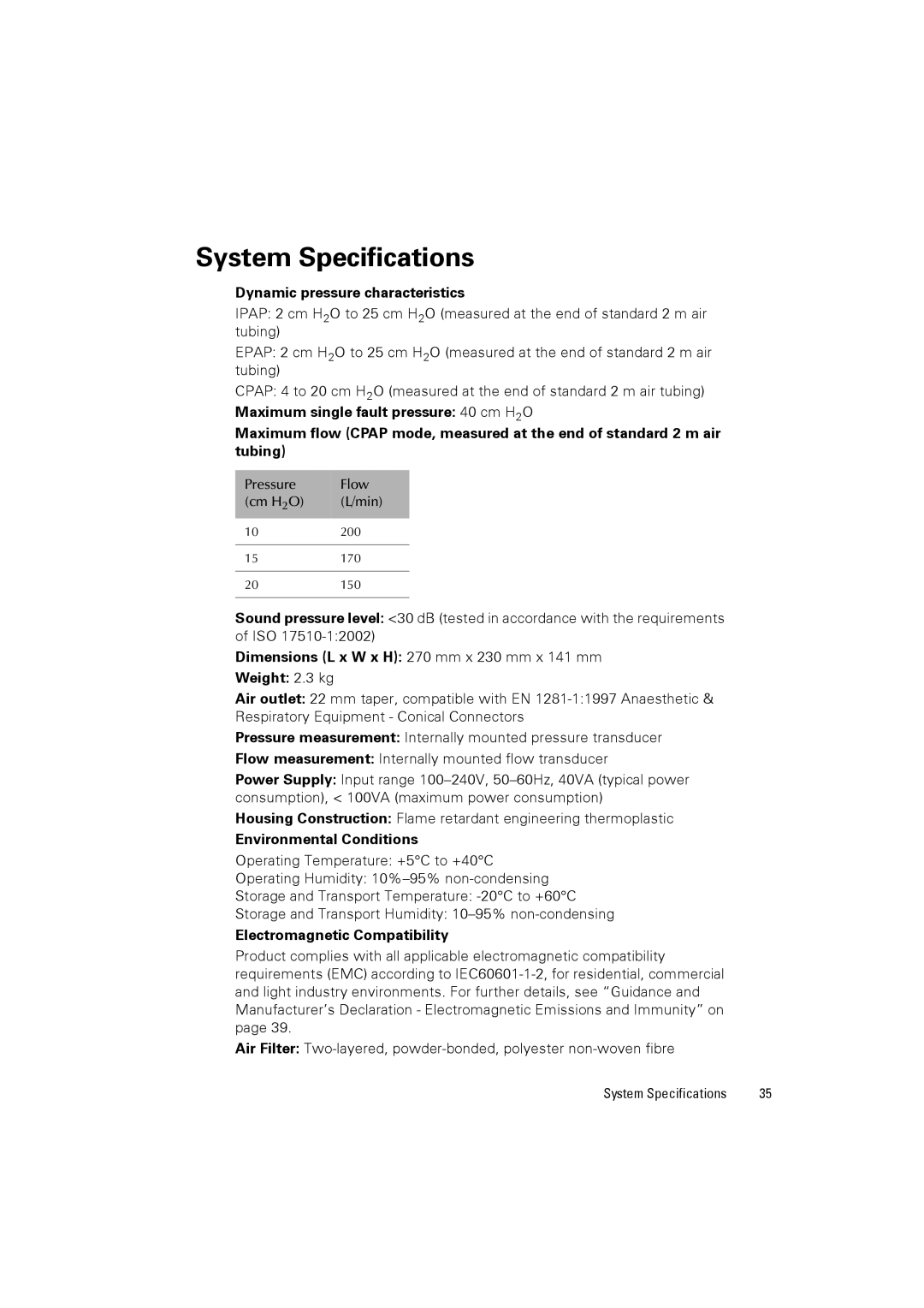 ResMed 248127 user manual System Specifications, Dynamic pressure characteristics 