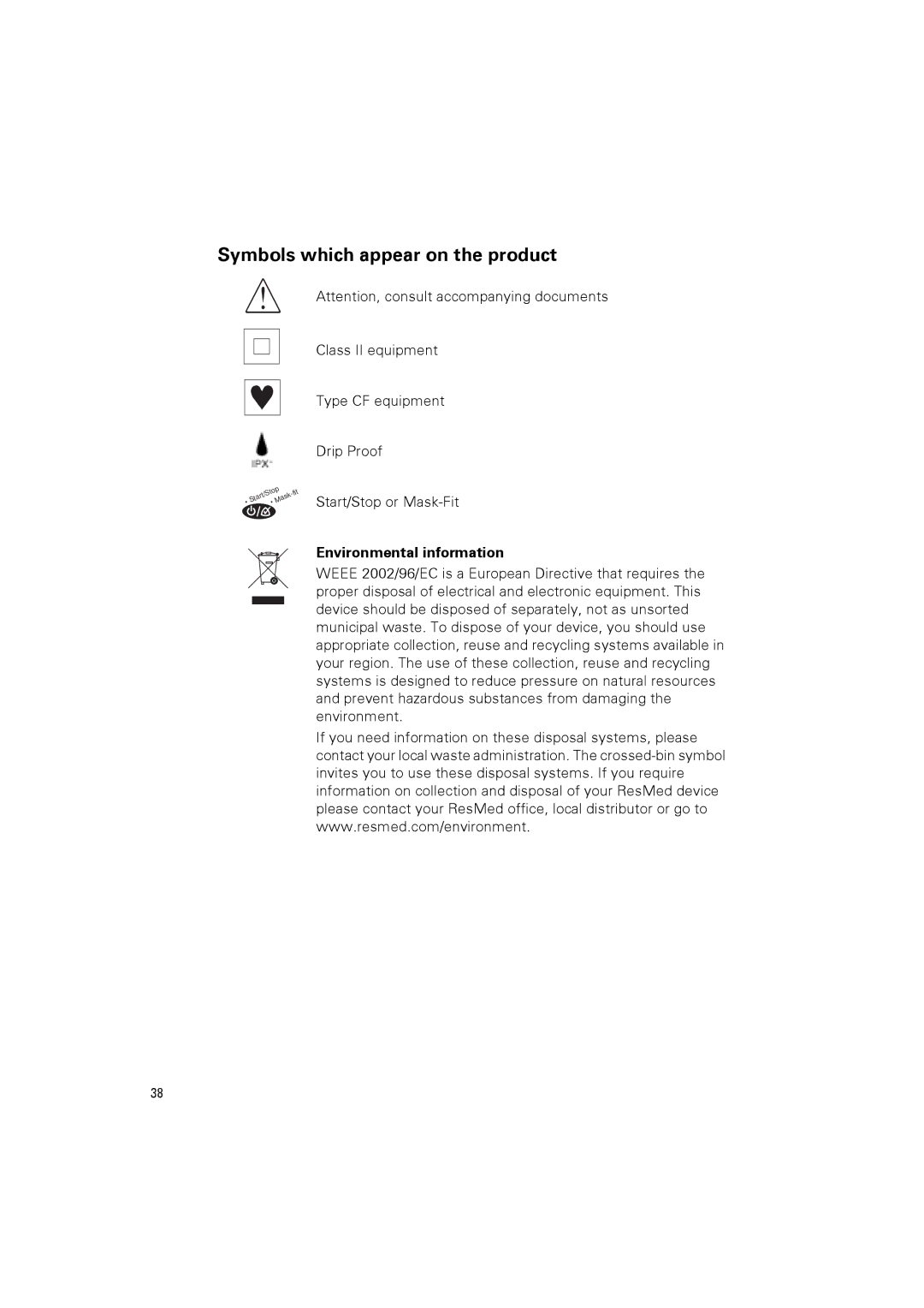 ResMed 248127 user manual Symbols which appear on the product, Environmental information 