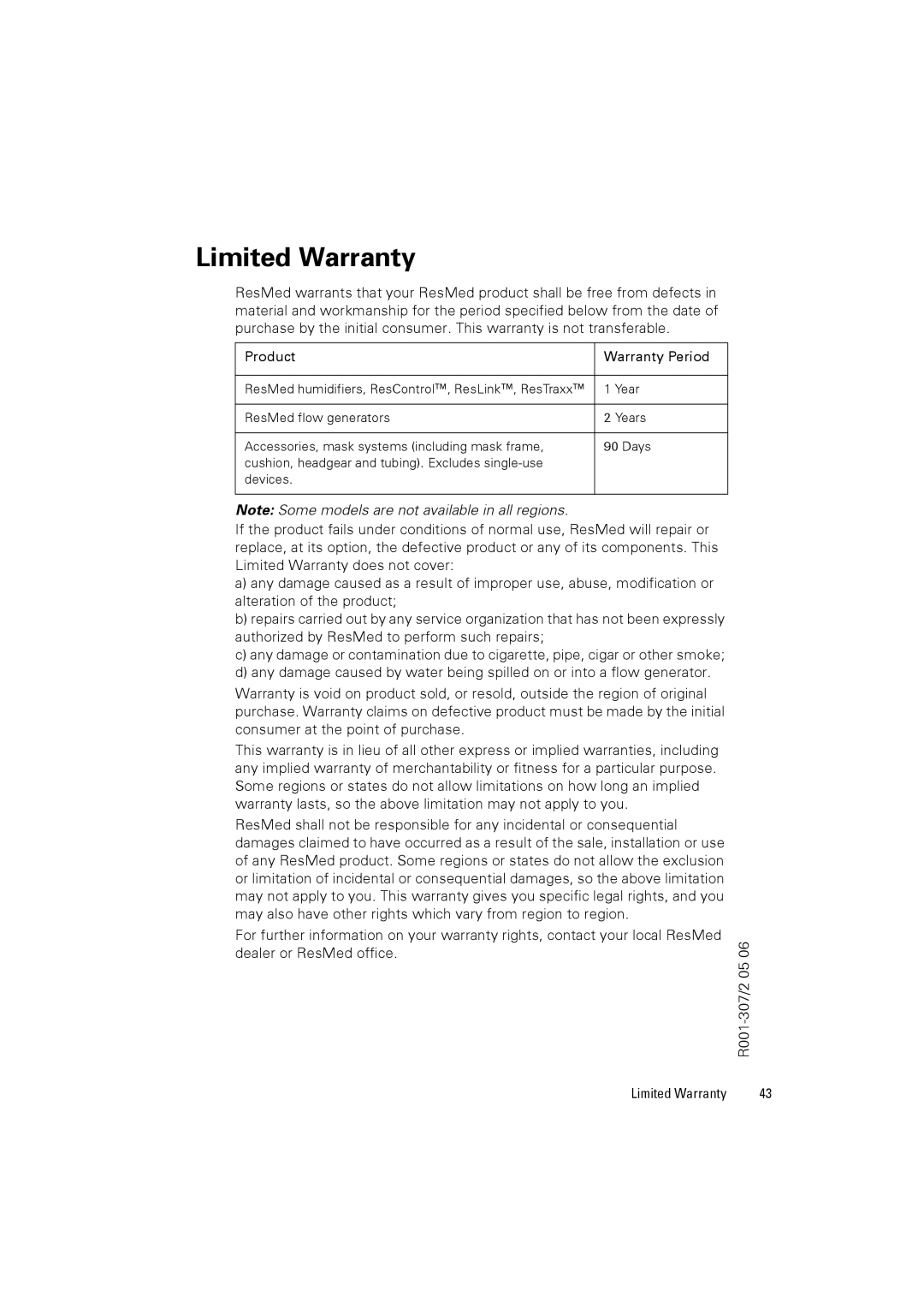 ResMed 248127 user manual Limited Warranty, Product Warranty Period 