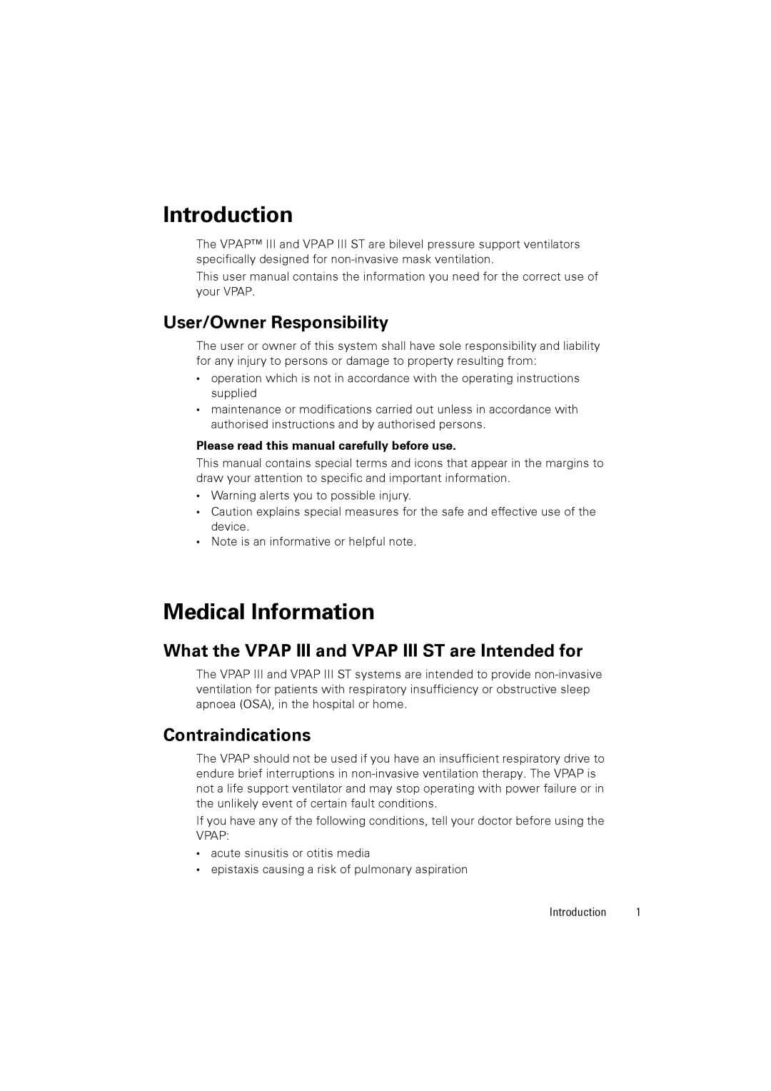 ResMed 248127 user manual Introduction, Medical Information, User/Owner Responsibility, Contraindications 