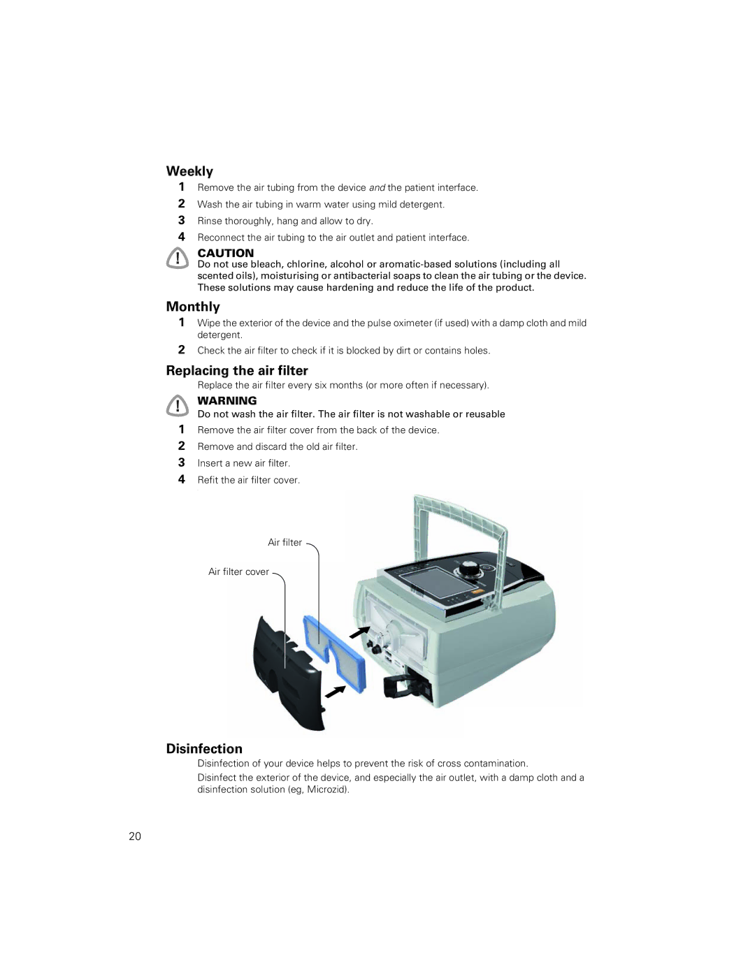 ResMed 2011-09, 248551/1 manual Weekly, Monthly, Replacing the air filter, Disinfection 