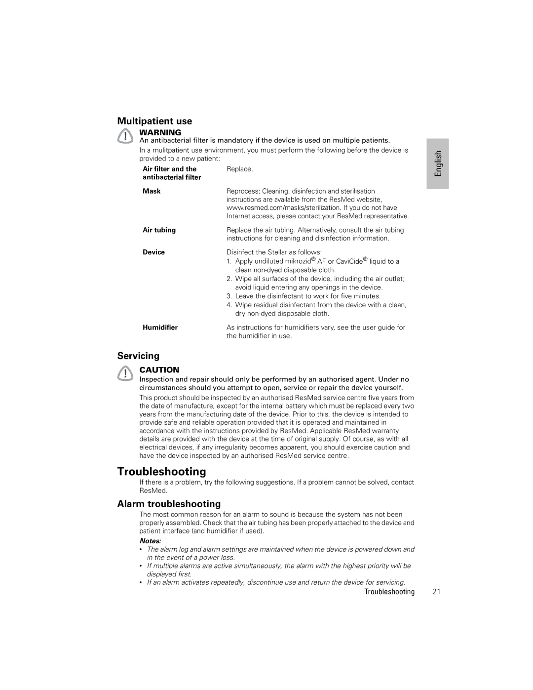 ResMed 248551/1, 2011-09 manual Troubleshooting, Multipatient use, Servicing, Alarm troubleshooting 