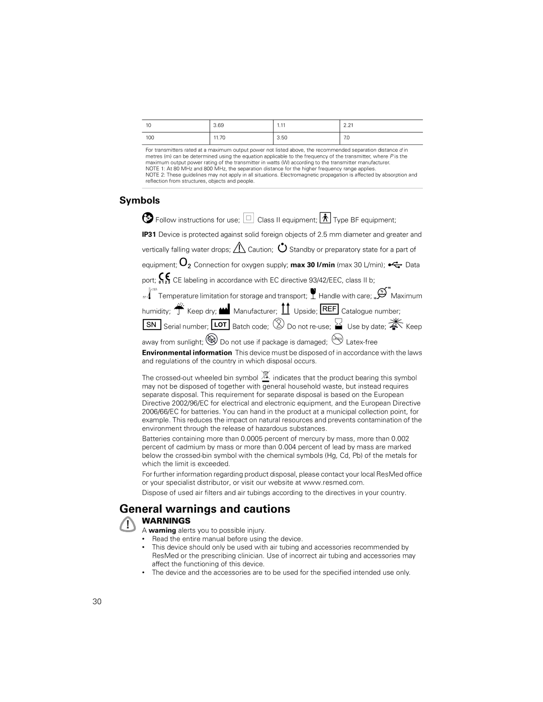 ResMed 2011-09, 248551/1 manual General warnings and cautions, Symbols 