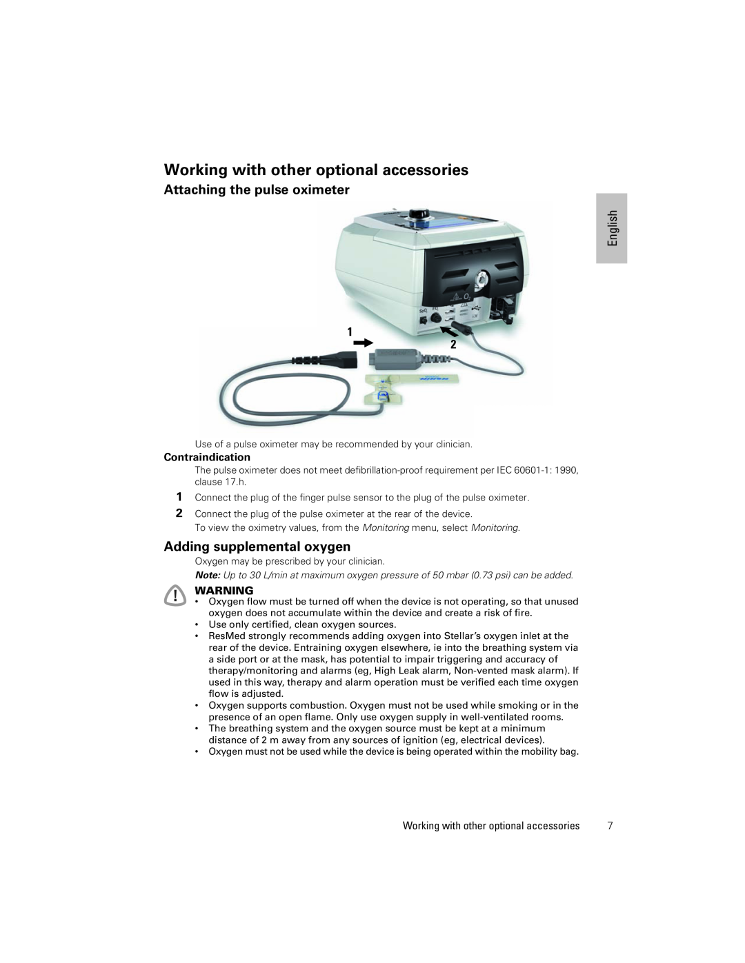 ResMed 248551/1 Working with other optional accessories, Attaching the pulse oximeter, Adding supplemental oxygen, English 