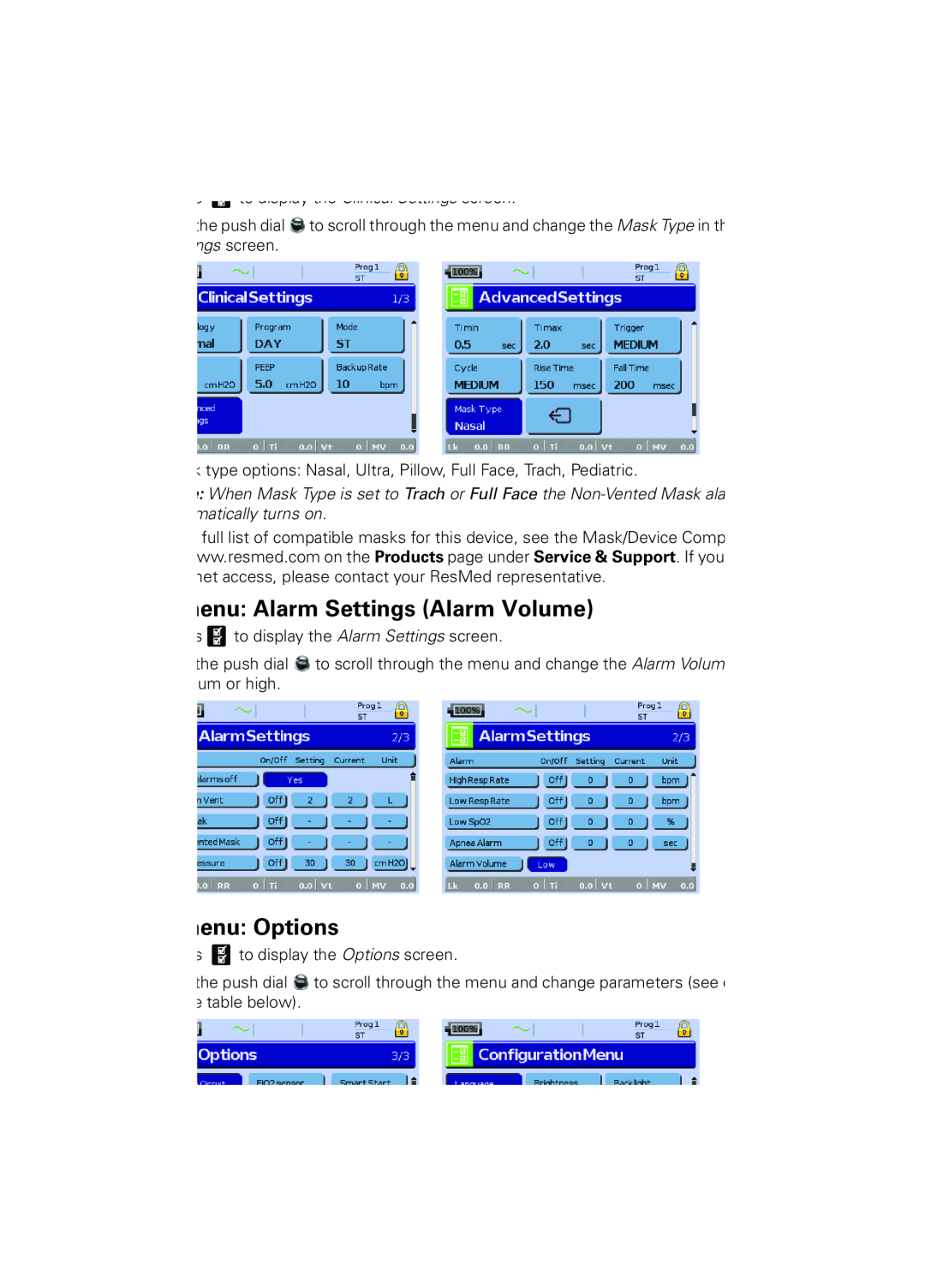 ResMed 2011-09, 248551/1 manual enu Alarm Settings Alarm Volume, enu Options 