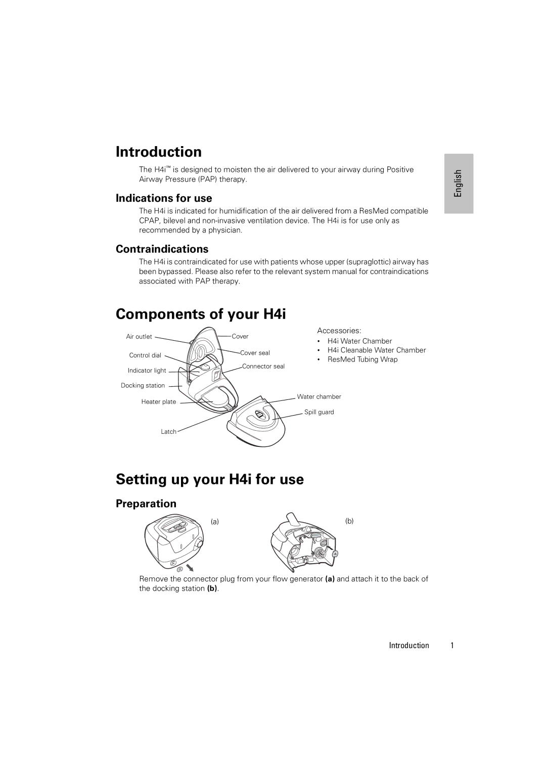 ResMed 248672/1, 1 h4i manual Introduction, Components of your H4i, Setting up your H4i for use 