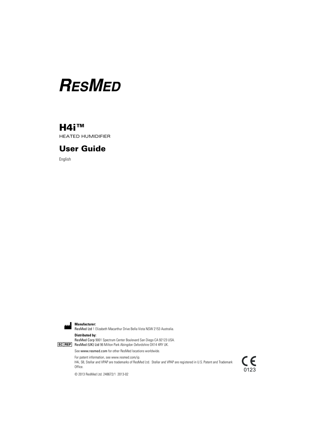 ResMed 1 h4i, 248672/1 manual User Guide, Heated Humidifier, English, Manufacturer, Distributed by 