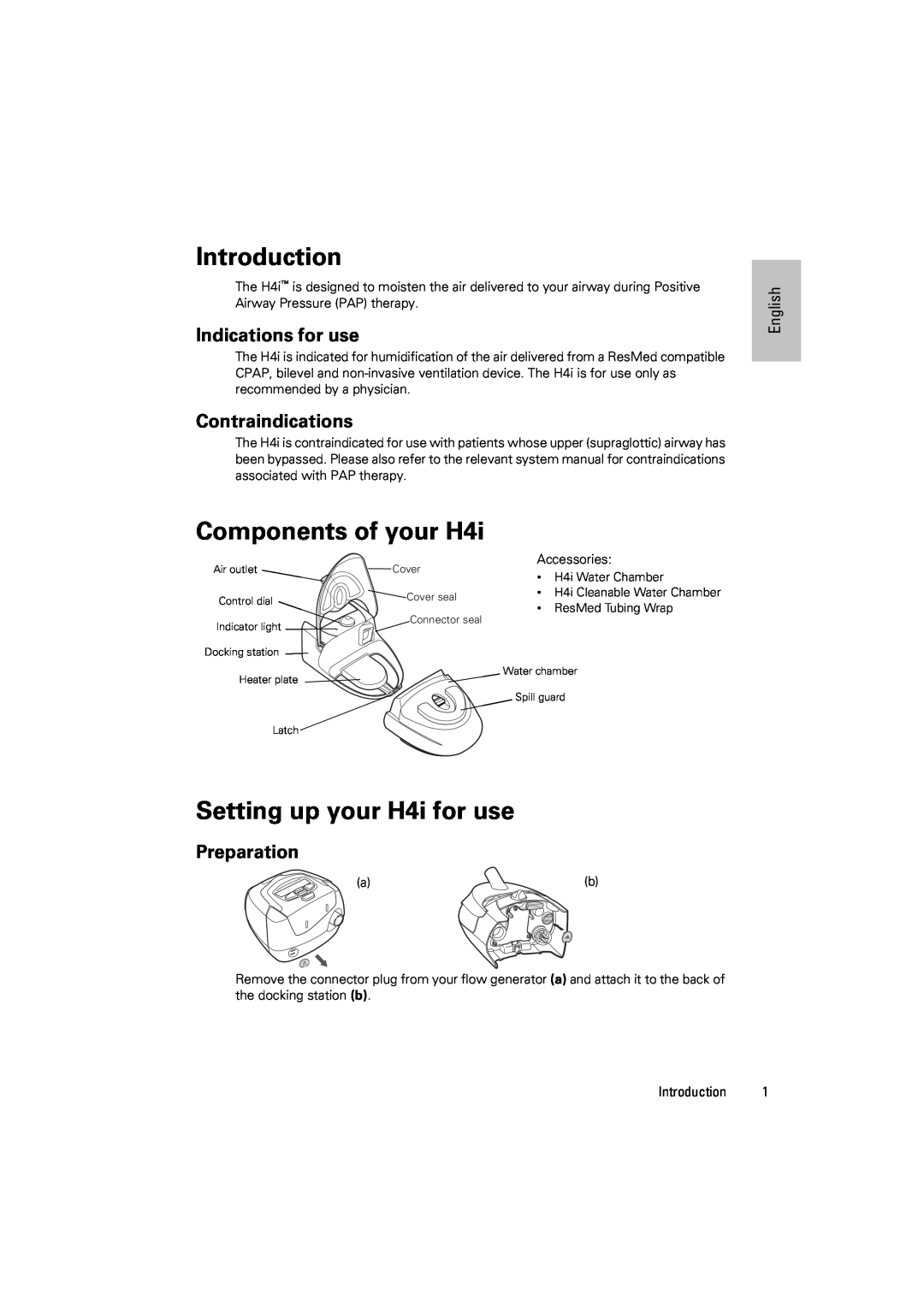 ResMed 248672 Introduction, Components of your H4i, Setting up your H4i for use, Indications for use, Contraindications 