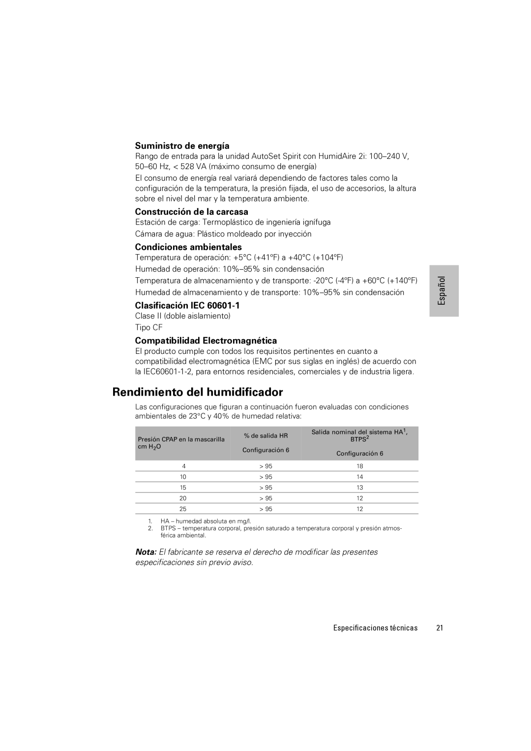 ResMed 2i manual Rendimiento del humidificador 