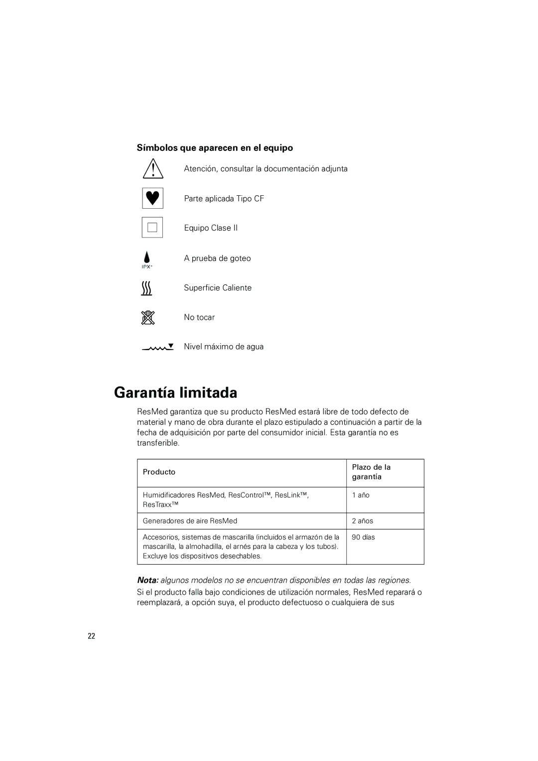 ResMed 2i manual Garantía limitada, Símbolos que aparecen en el equipo 