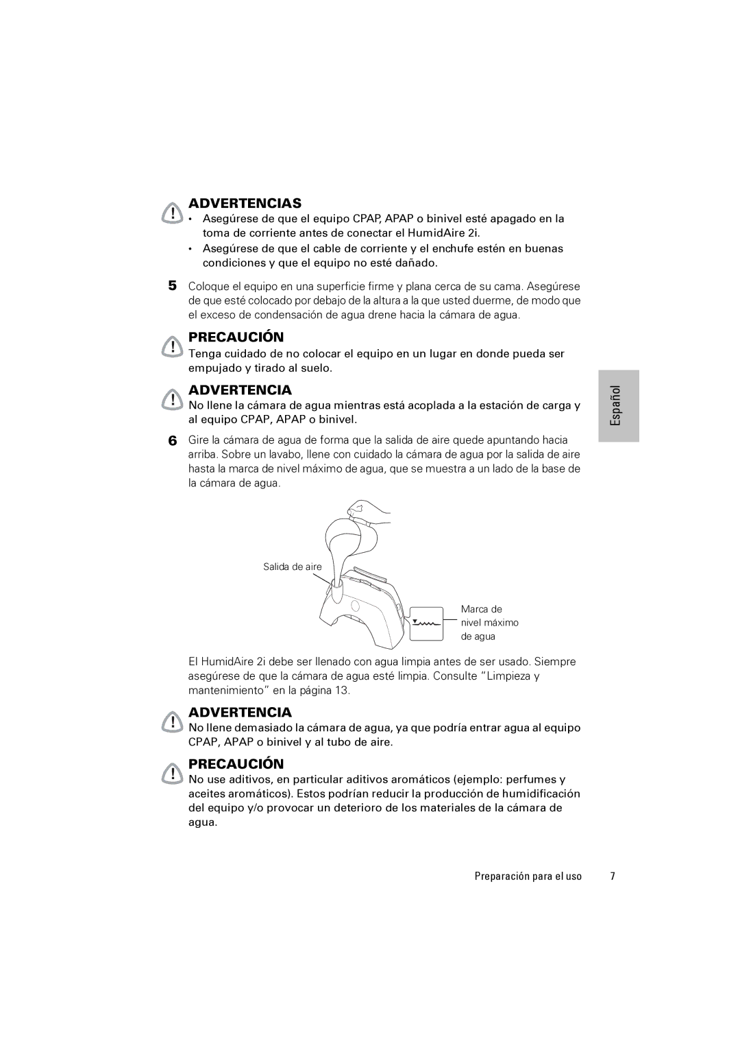 ResMed 2i manual Salida de aire Marca de nivel máximo de agua 