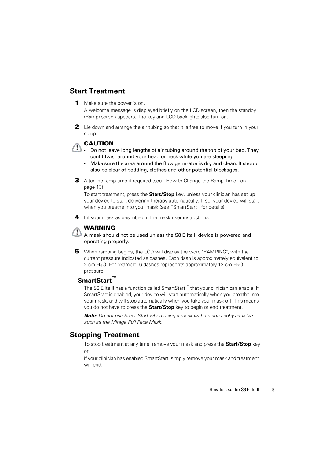 ResMed 338425/1 manual Start Treatment, Stopping Treatment, SmartStart 