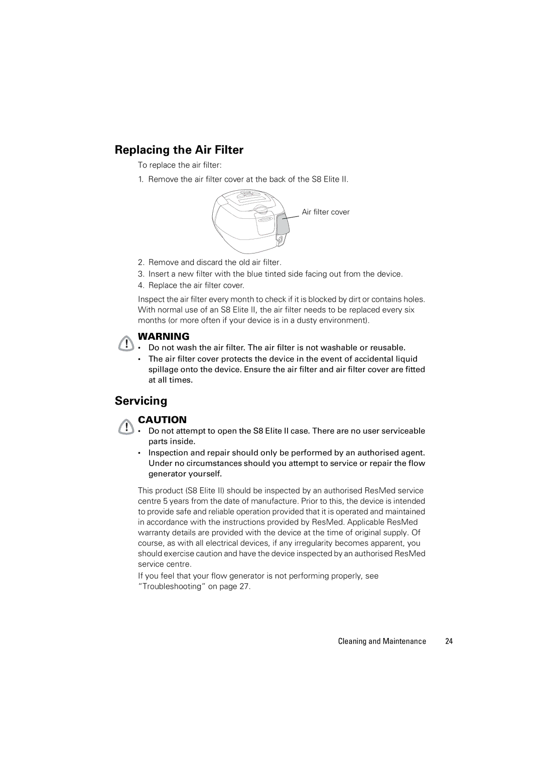 ResMed 338425/1 manual Replacing the Air Filter, Servicing 