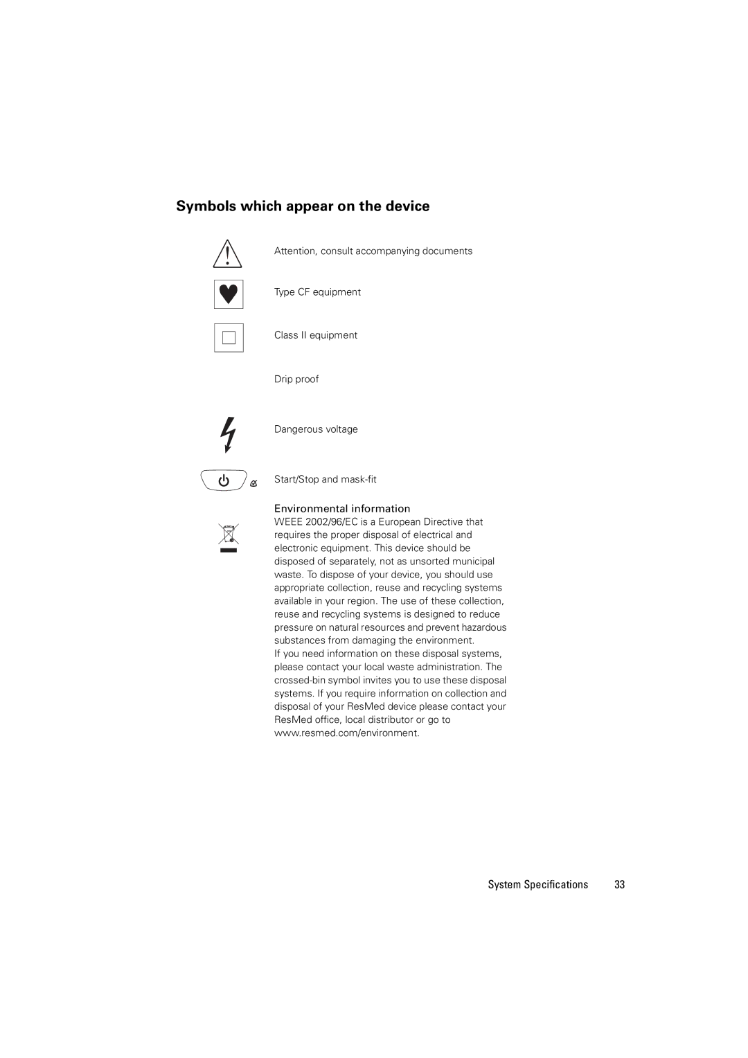 ResMed 338425/1 manual Symbols which appear on the device 