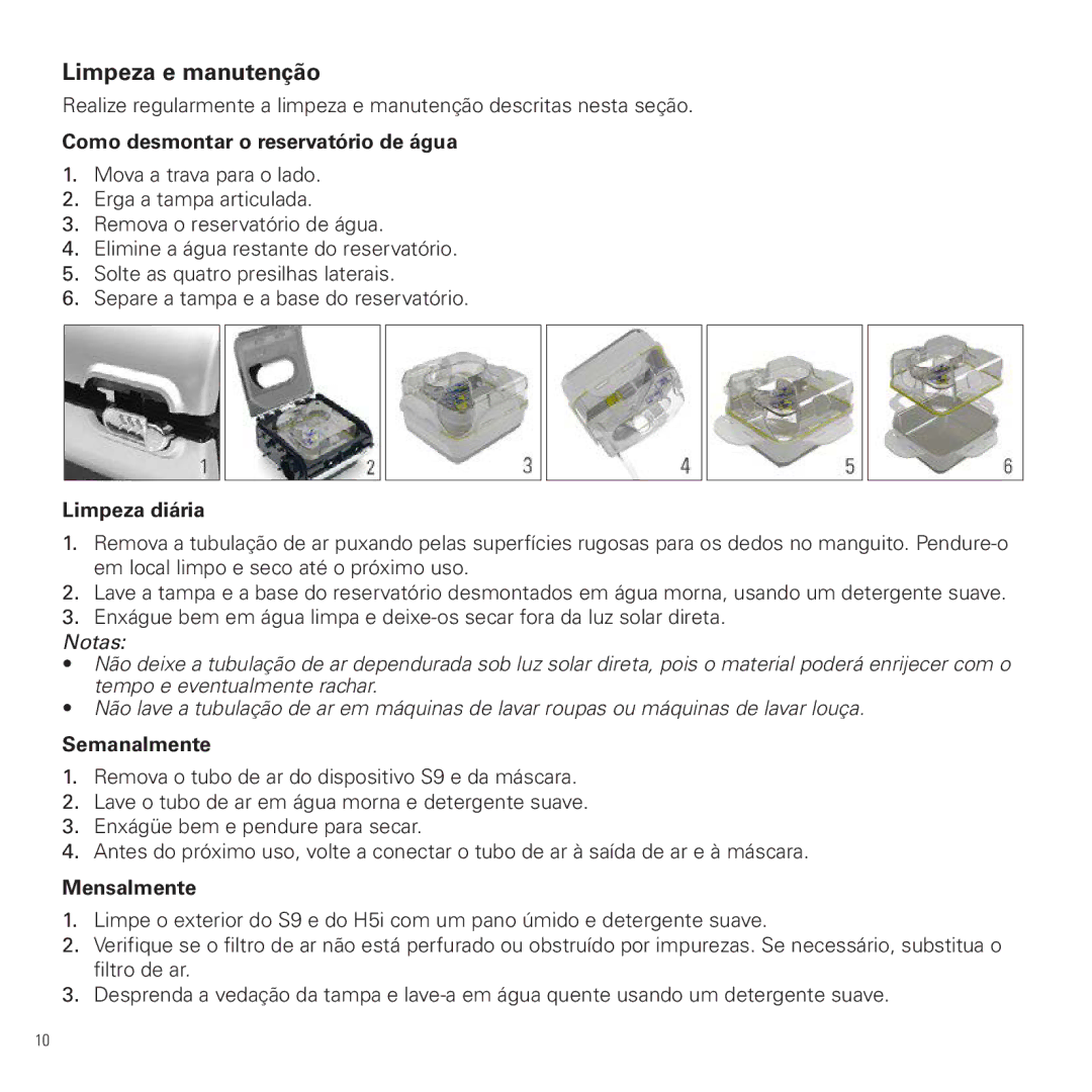 ResMed 368656/2 2013-01 manual Limpeza e manutenção, Como desmontar o reservatório de água, Limpeza diária, Semanalmente 