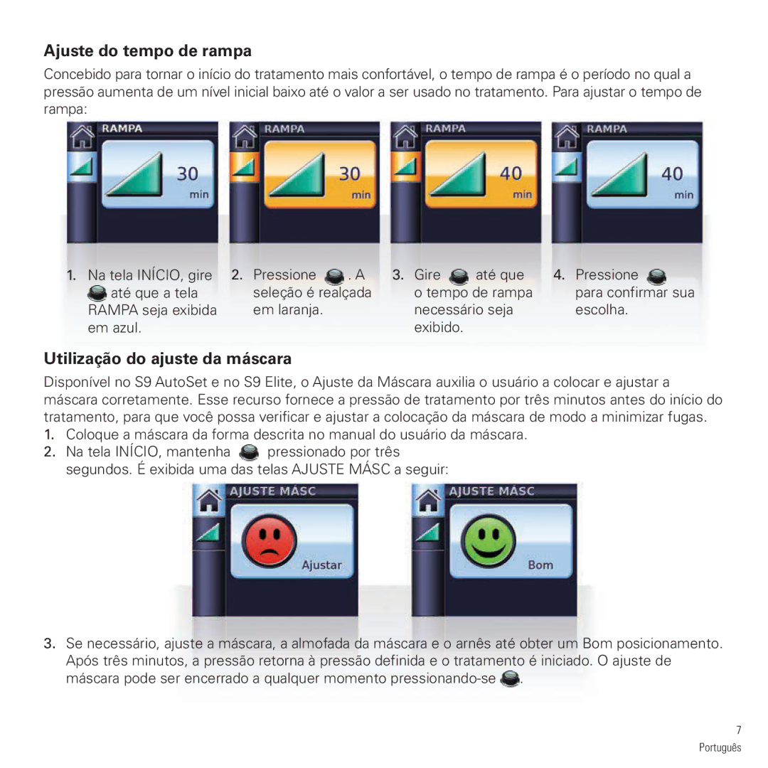 ResMed 368656/2 2013-01 manual Ajuste do tempo de rampa, Utilização do ajuste da máscara 