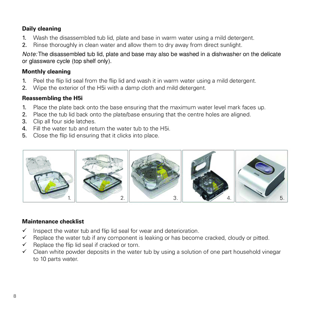 ResMed 368882/1 2012-11 H5i manual Daily cleaning, Monthly cleaning, Reassembling the H5i, Maintenance checklist 