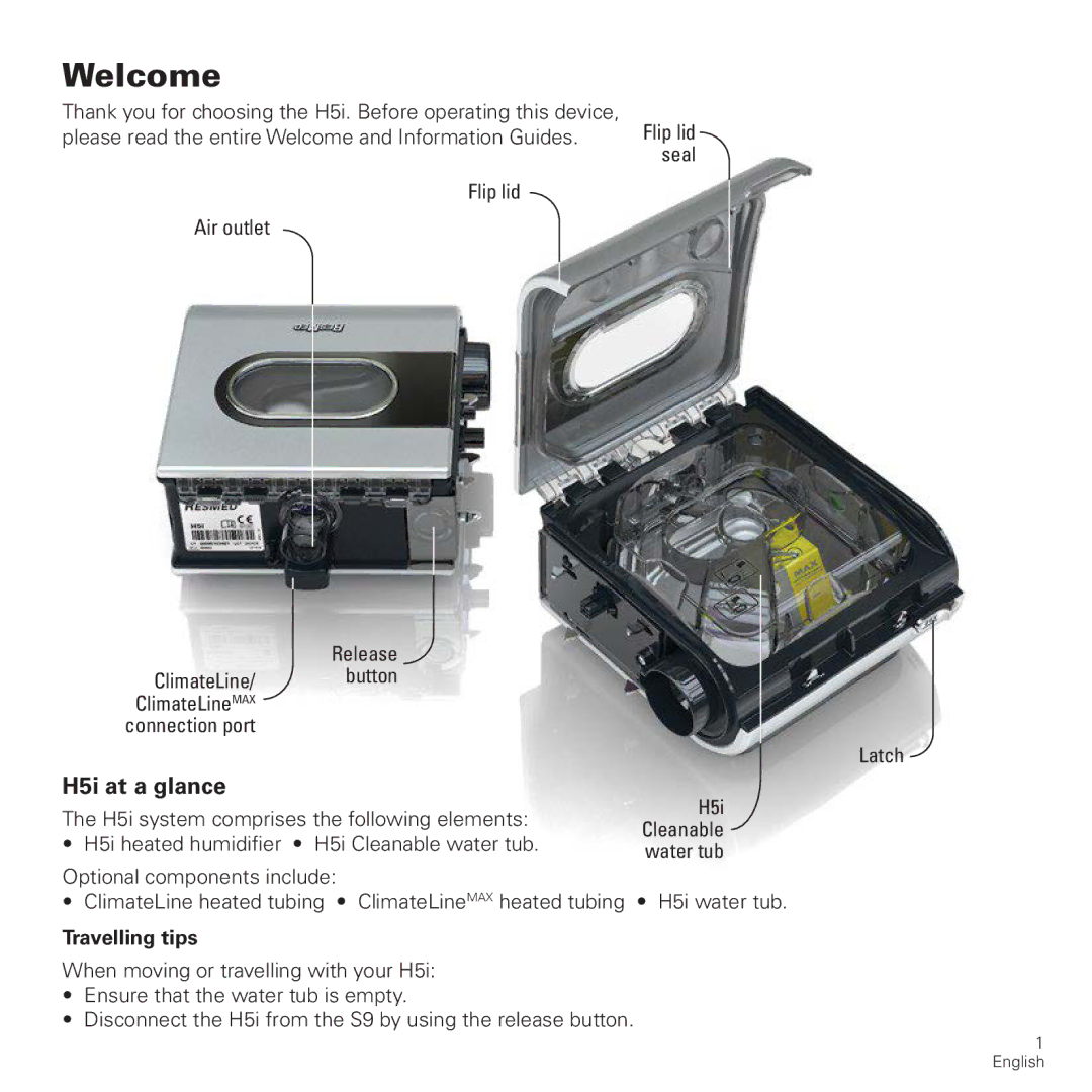 ResMed 368882/1 2012-11 H5i manual H5i at a glance, Travelling tips 