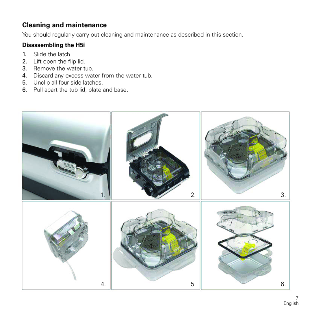 ResMed 368882/1 2012-11 H5i manual Cleaning and maintenance, Disassembling the H5i 