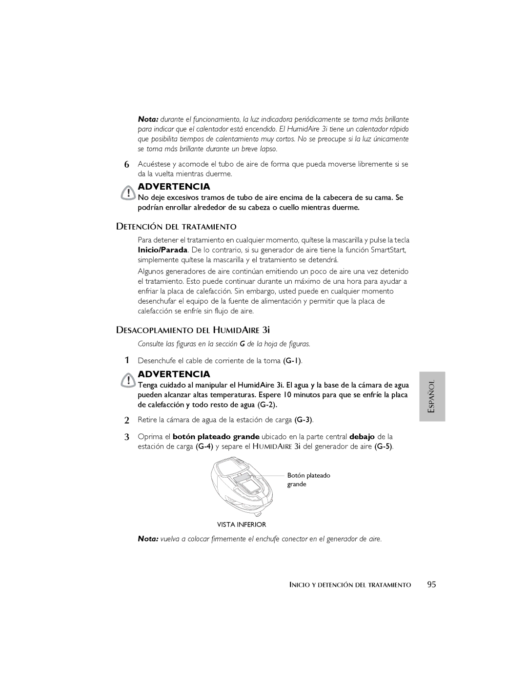 ResMed 3I user manual Desenchufe el cable de corriente de la toma G-1, Retire la cámara de agua de la estación de carga G-3 