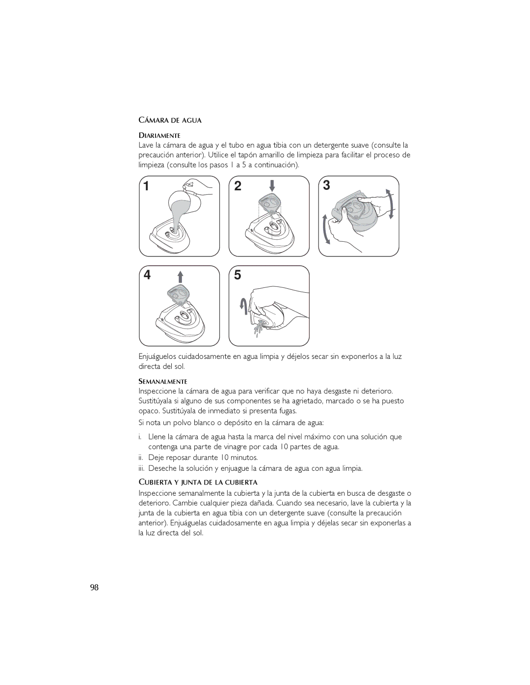 ResMed 3I user manual Si nota un polvo blanco o depósito en la cámara de agua, Cubierta Y Junta DE LA Cubierta 