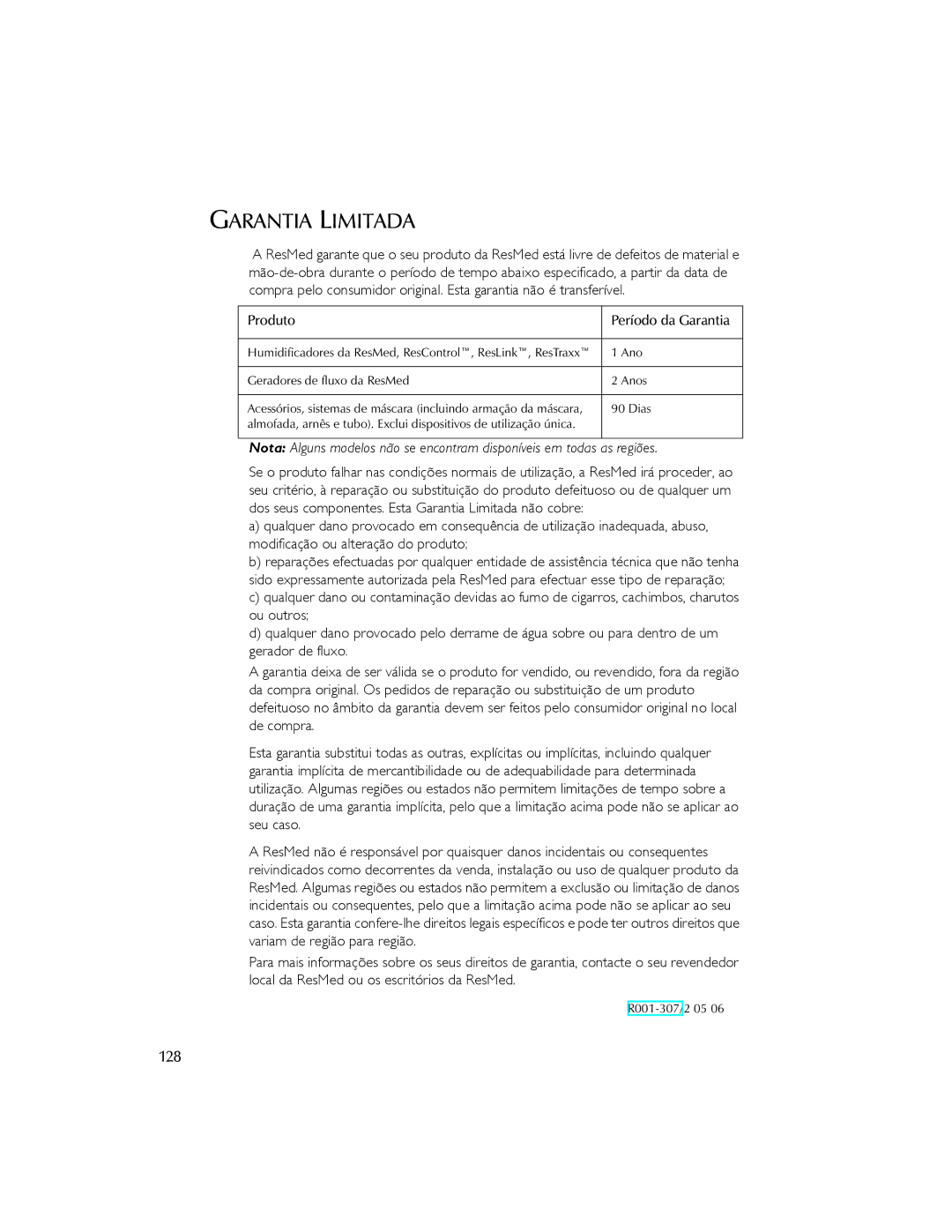 ResMed 3I user manual Garantia Limitada, 128 