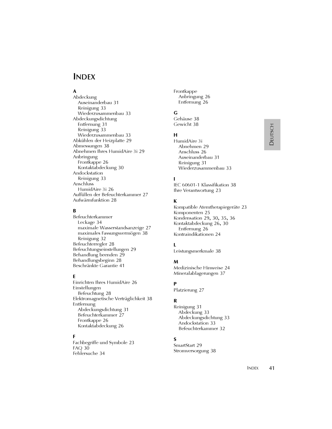 ResMed 3I user manual Index, Abdeckung 