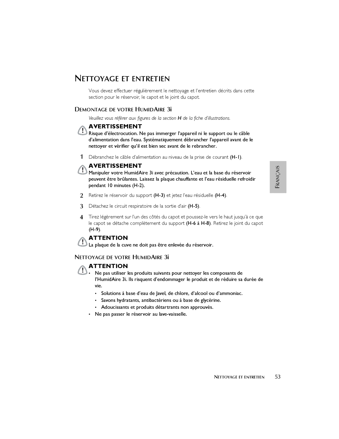 ResMed 3I user manual Nettoyage ET Entretien, Demontage DE Votre Humidaire, Nettoyage DE Votre Humidaire 