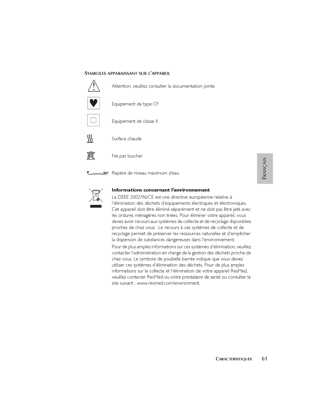 ResMed 3I user manual Informations concernant lenvironnement 