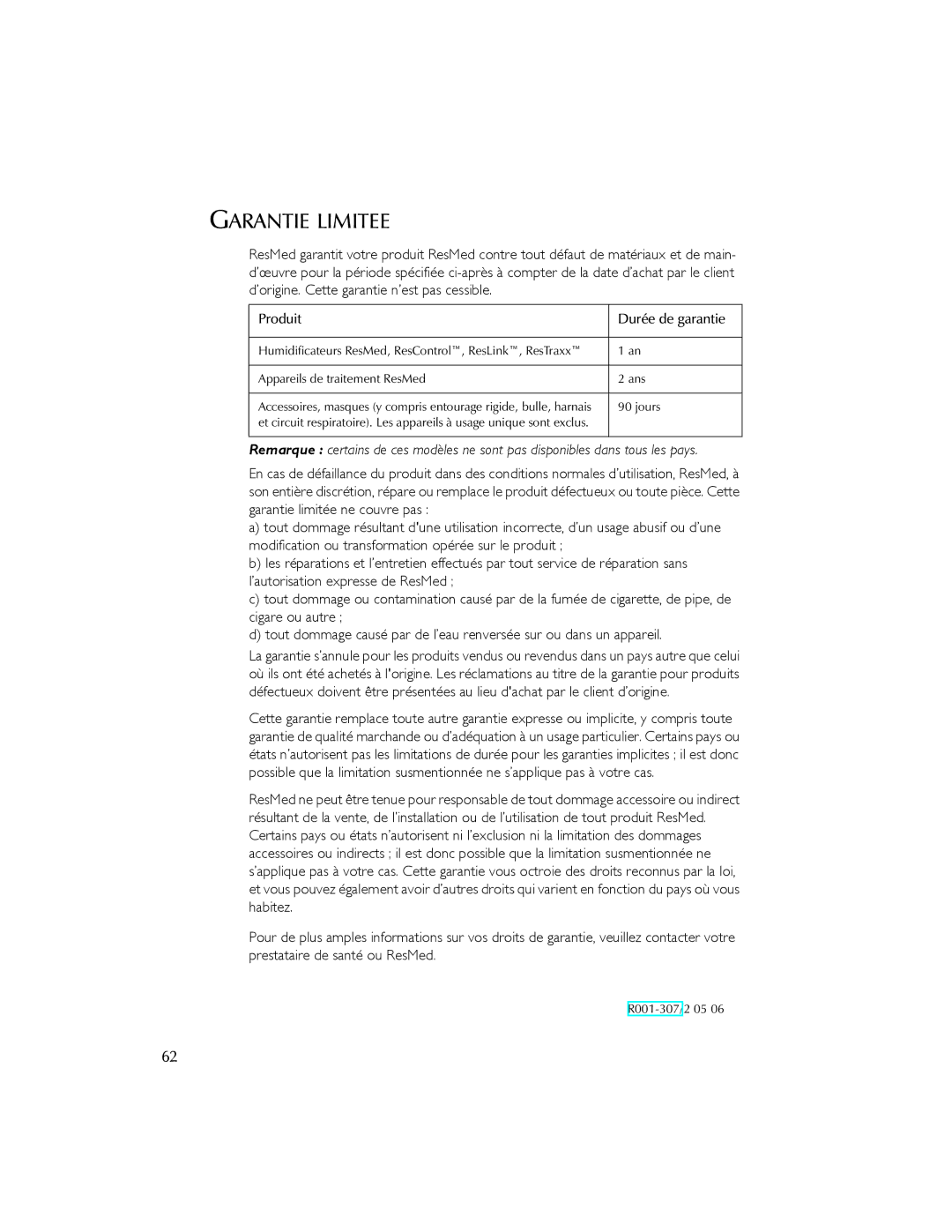 ResMed 3I user manual Garantie Limitee 