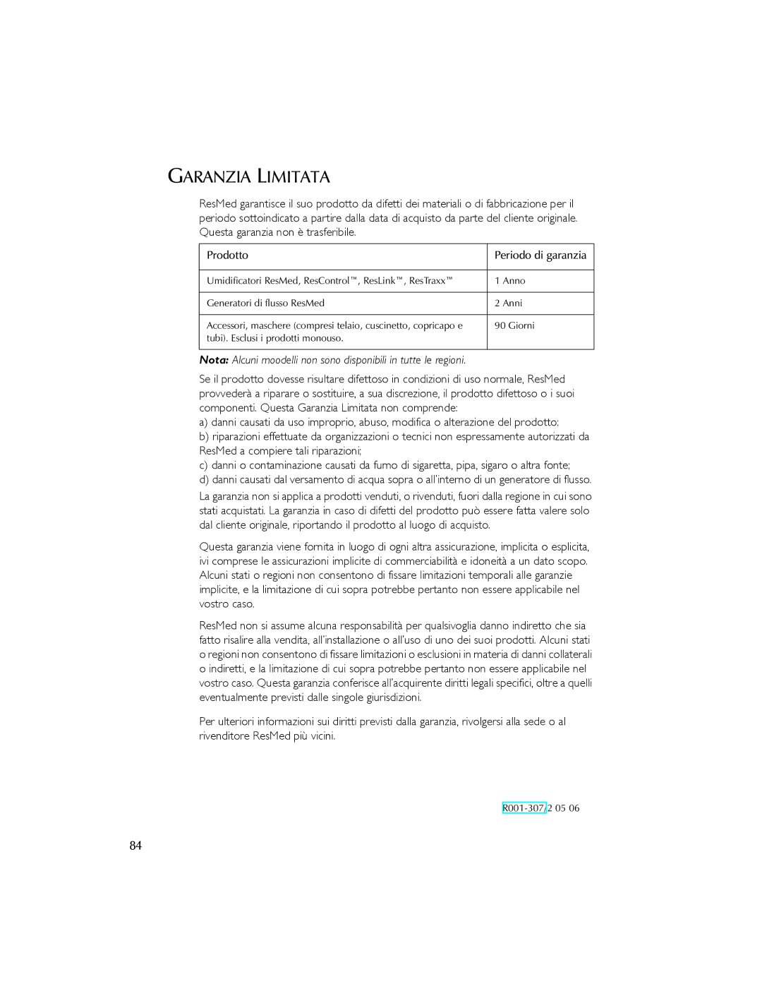 ResMed 3I user manual Garanzia Limitata 