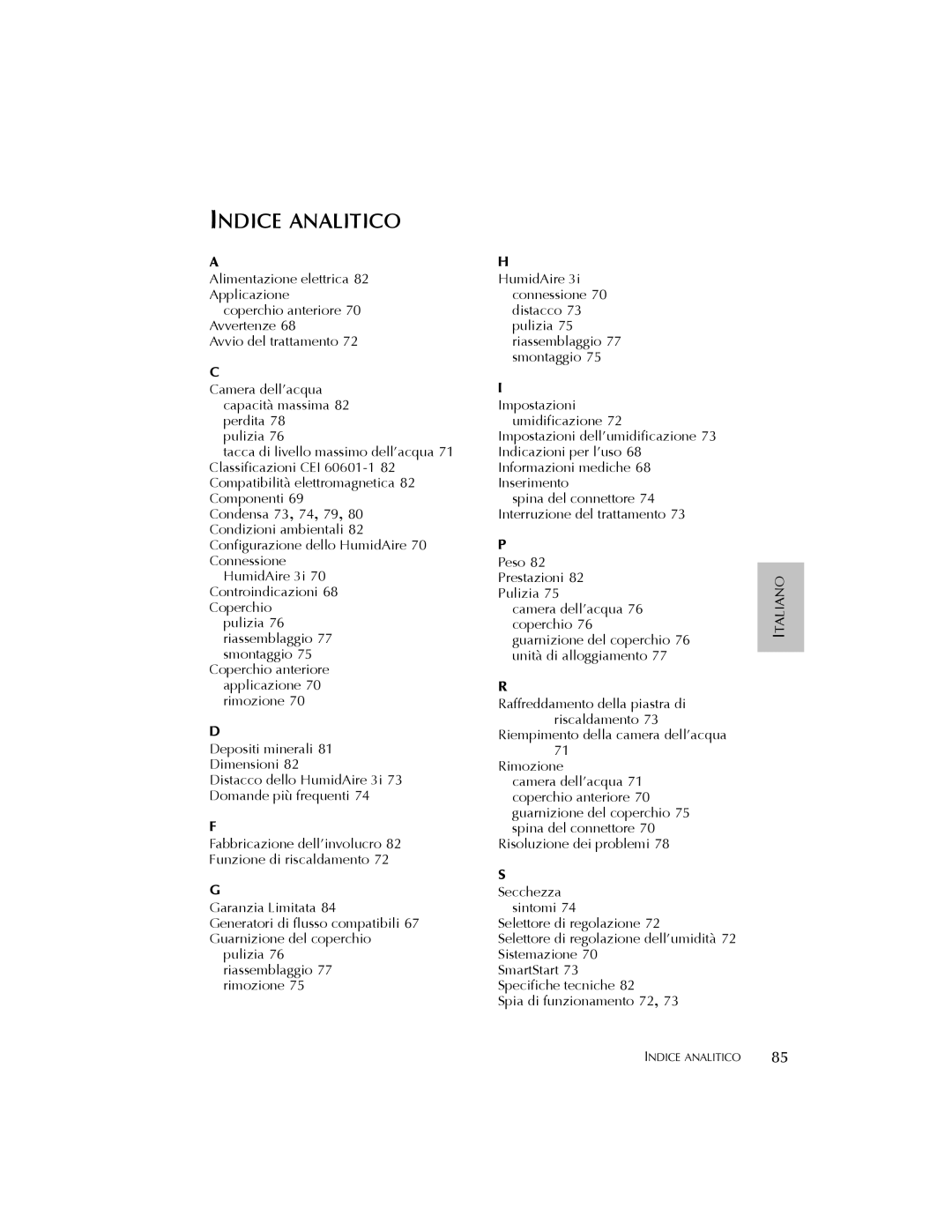 ResMed 3I user manual Indice Analitico, Impostazioni 