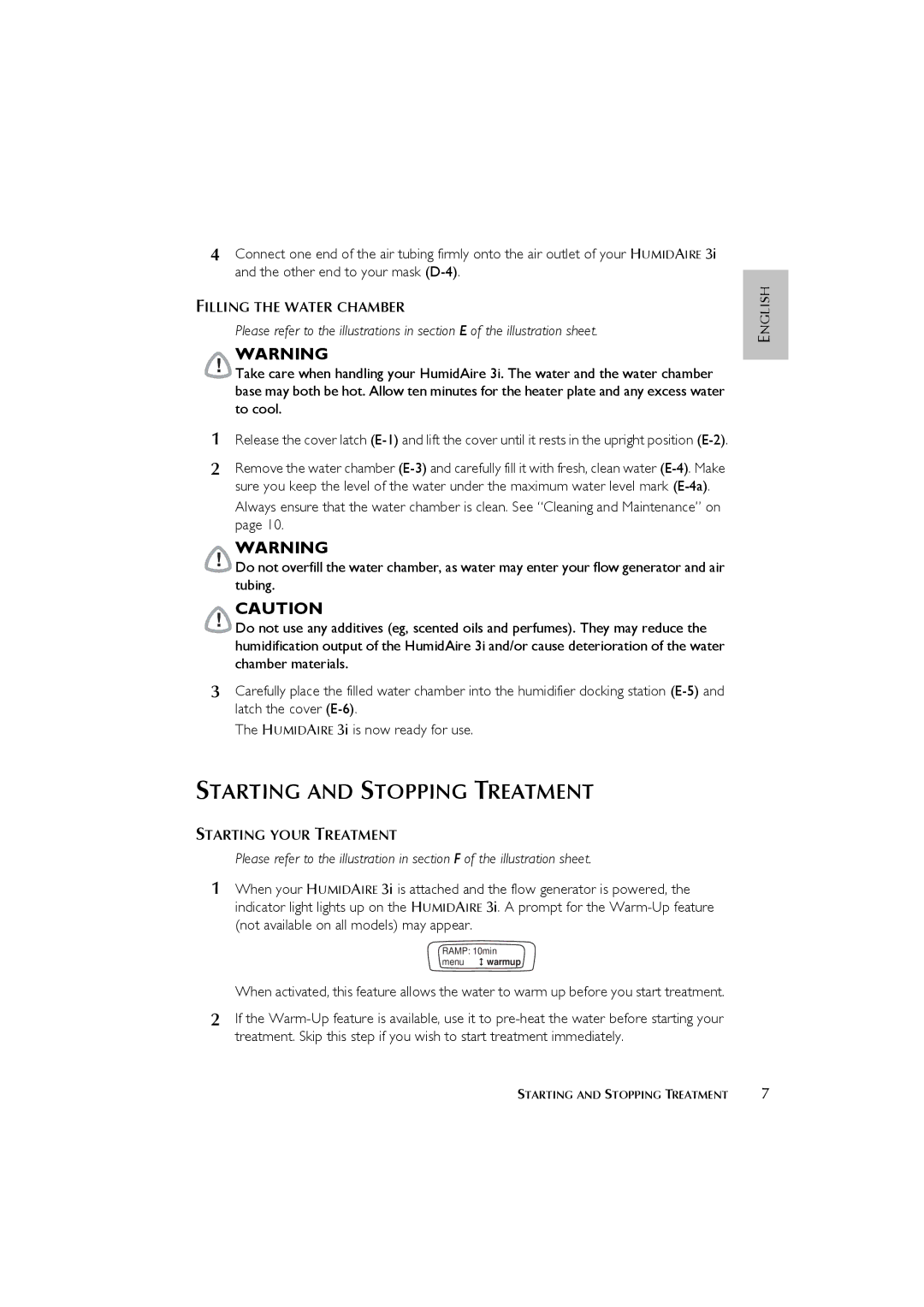 ResMed 3I user manual Starting and Stopping Treatment, Filling the Water Chamber, Starting Your Treatment 