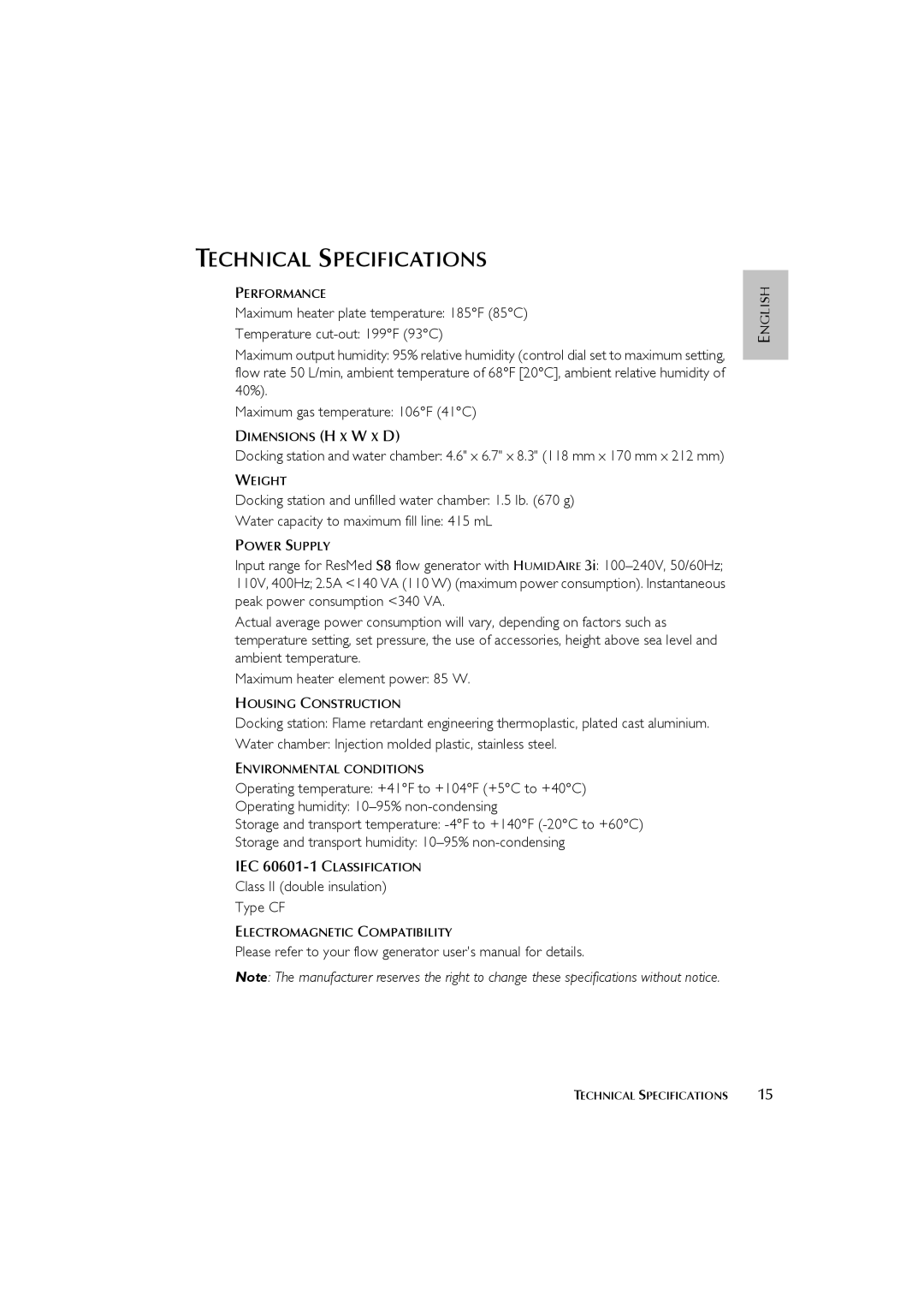 ResMed 3I user manual Technical Specifications 