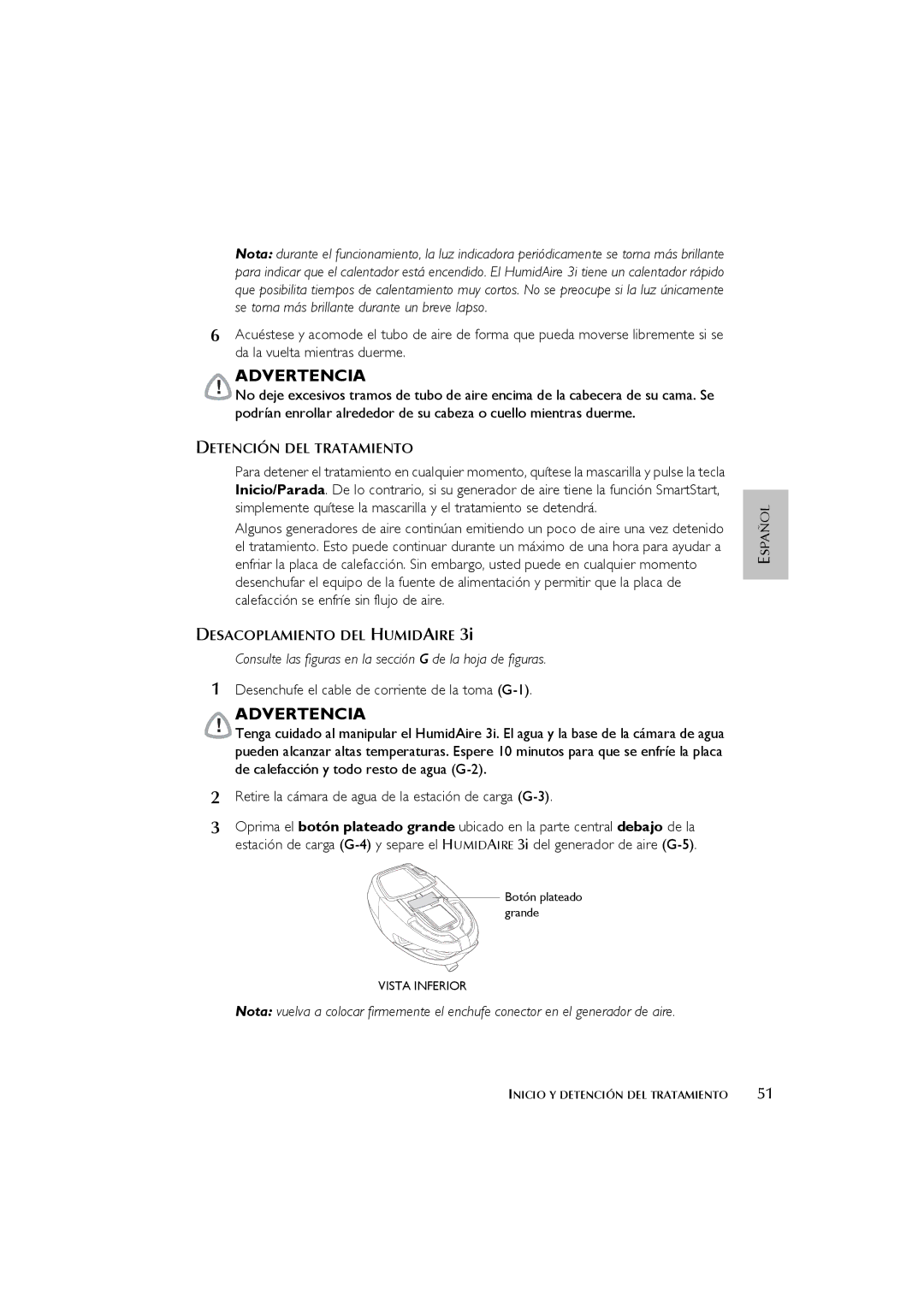 ResMed 3I user manual Retire la cámara de agua de la estación de carga G-3, Detención DEL Tratamiento 