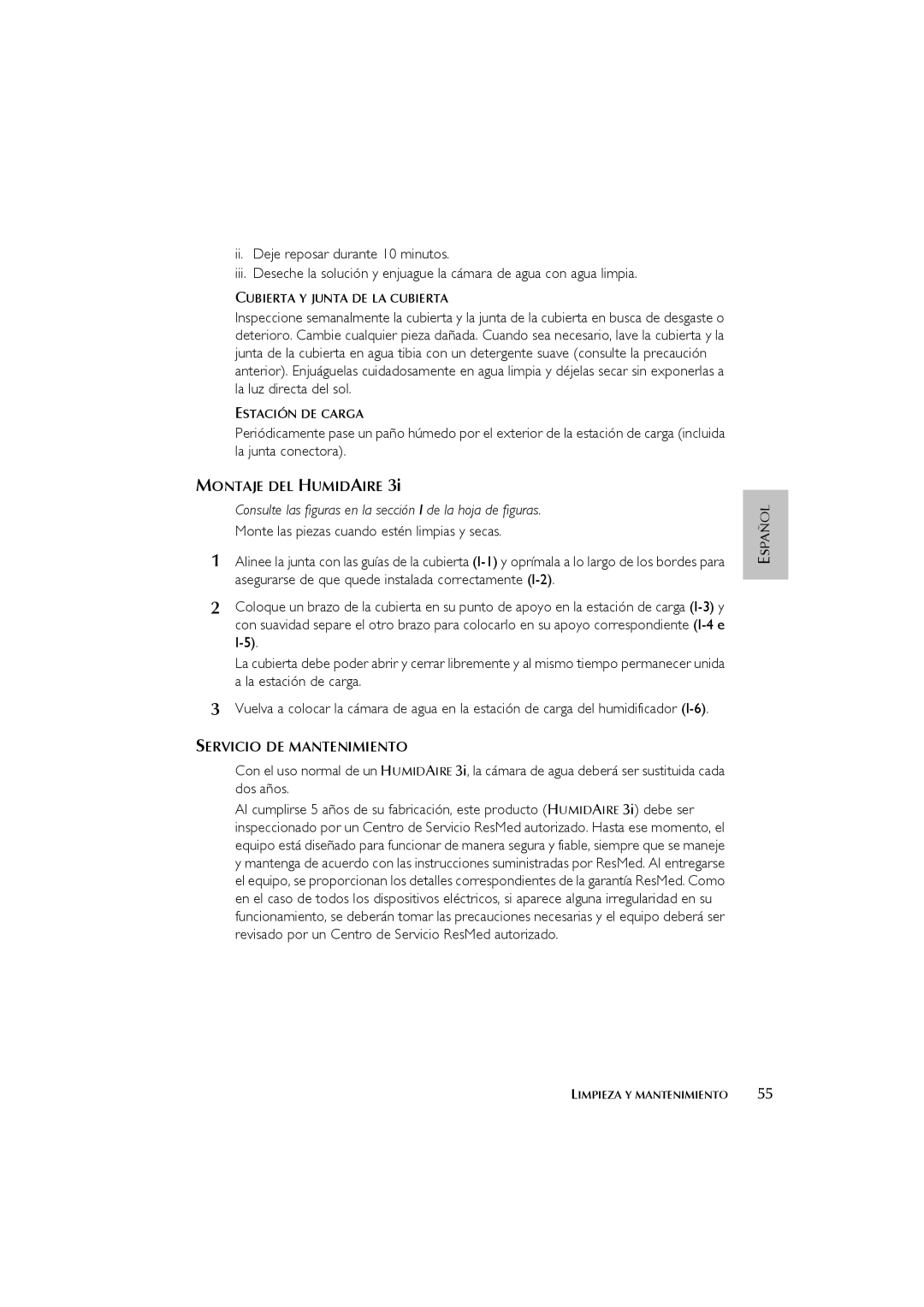 ResMed 3I user manual Servicio DE Mantenimiento, Cubierta Y Junta DE LA Cubierta 