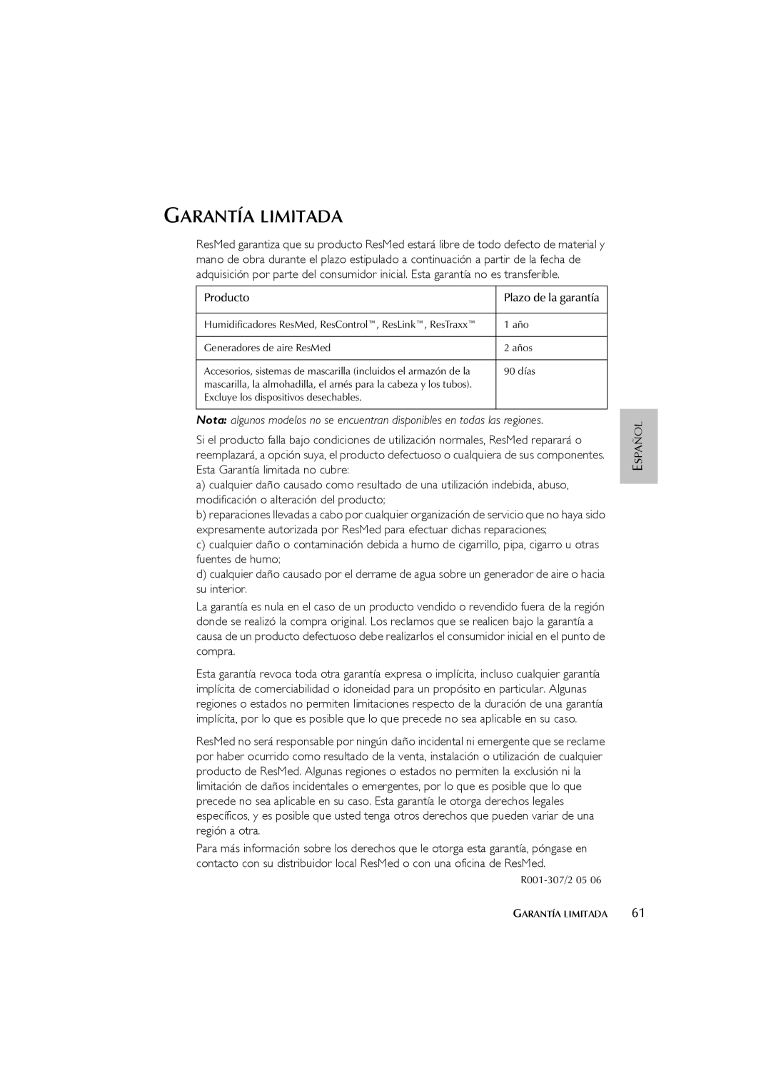 ResMed 3I user manual Garantía Limitada, Producto Plazo de la garantía 