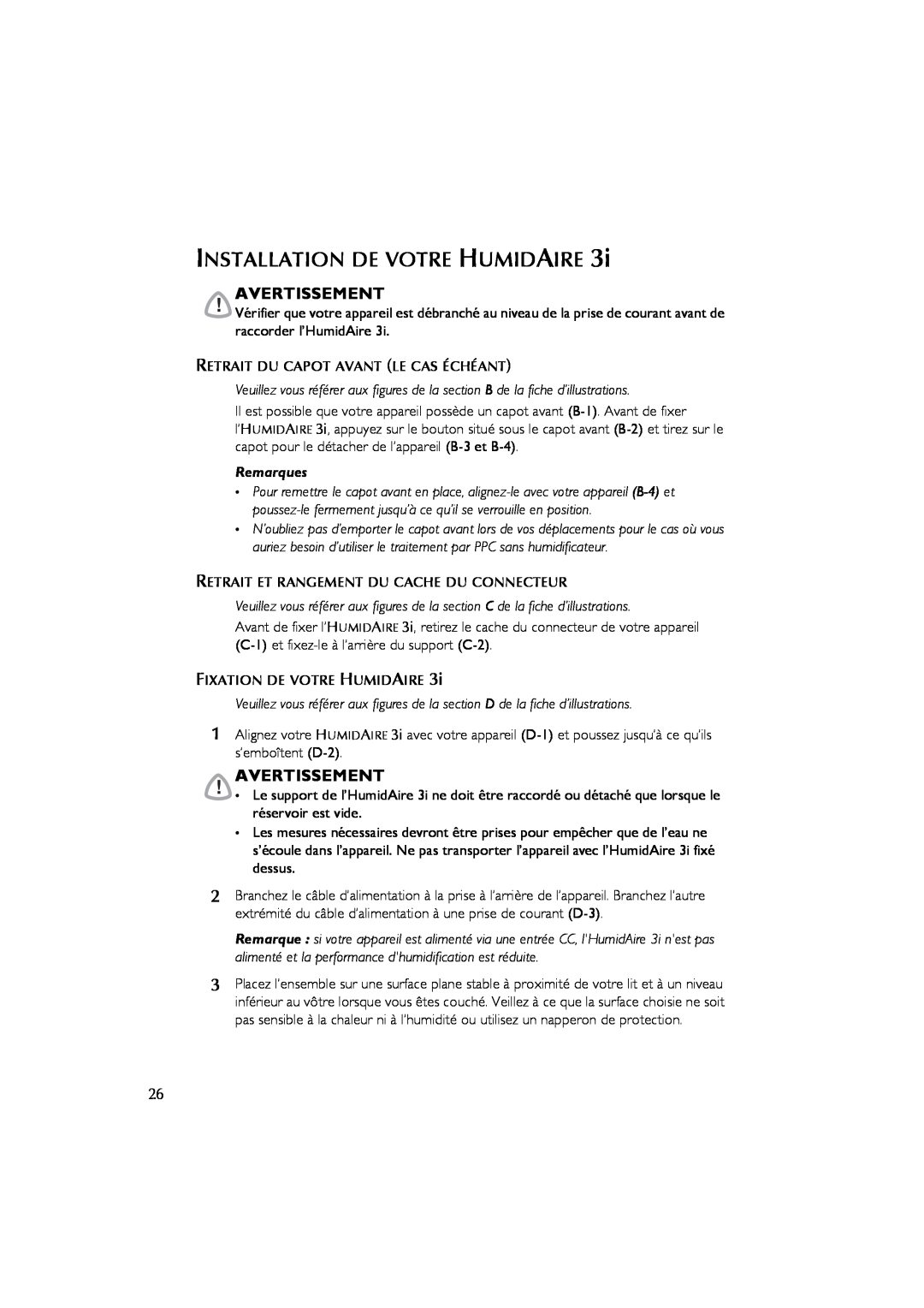ResMed 3I user manual Installation De Votre Humidaire, Avertissement, Remarques 