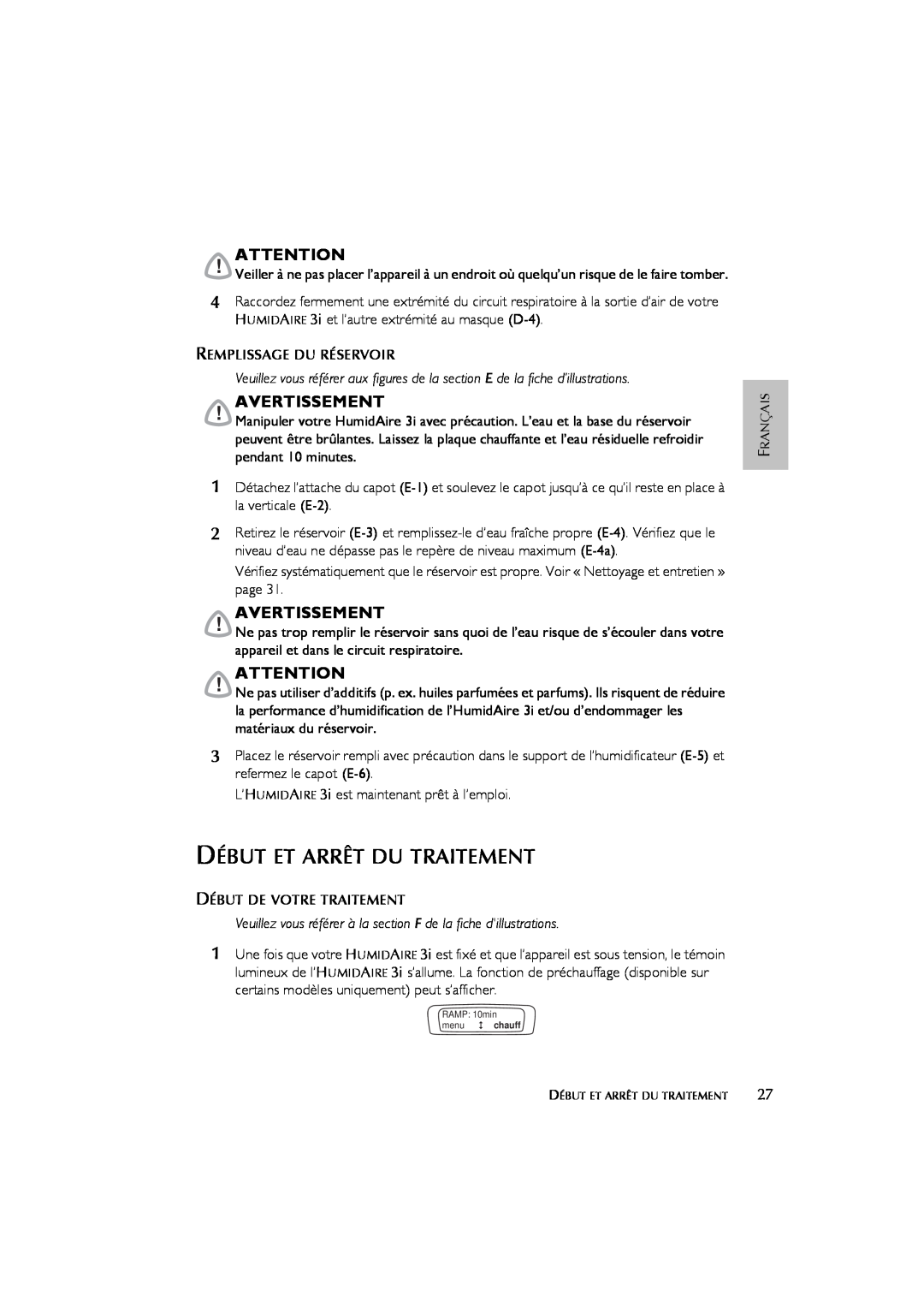 ResMed 3I user manual Début Et Arrêt Du Traitement, Avertissement 