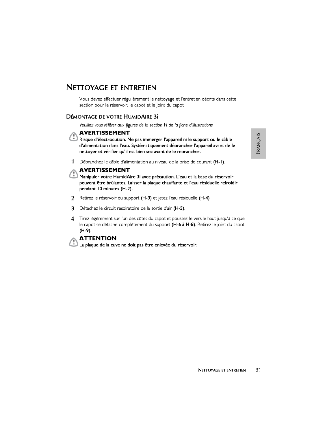 ResMed 3I user manual Nettoyage Et Entretien, Avertissement 