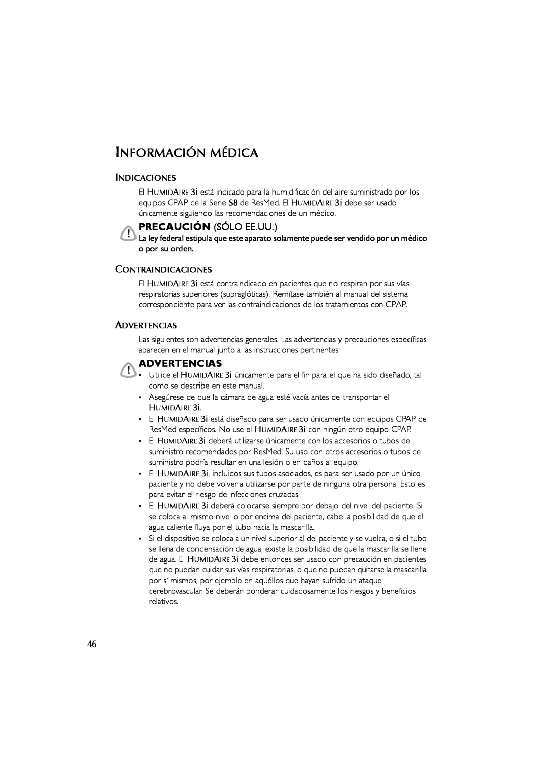 ResMed 3I user manual Información Médica, Precaución Sólo Ee.Uu, Advertencias 