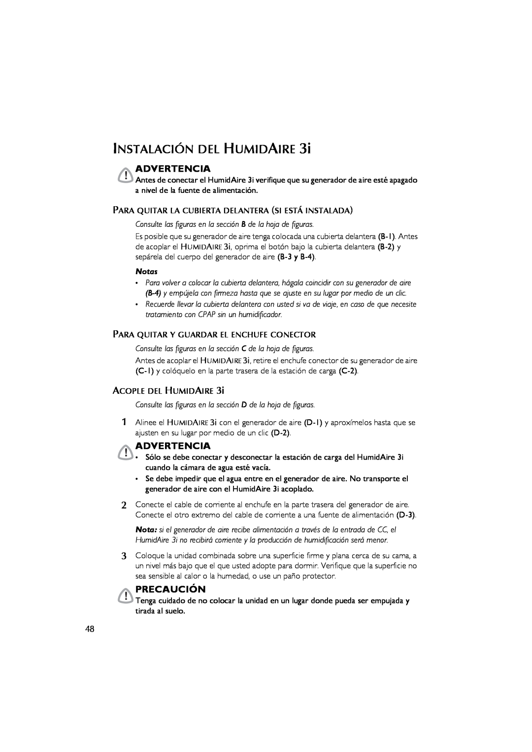 ResMed 3I user manual Instalación Del Humidaire, Advertencia, Precaución, Notas 