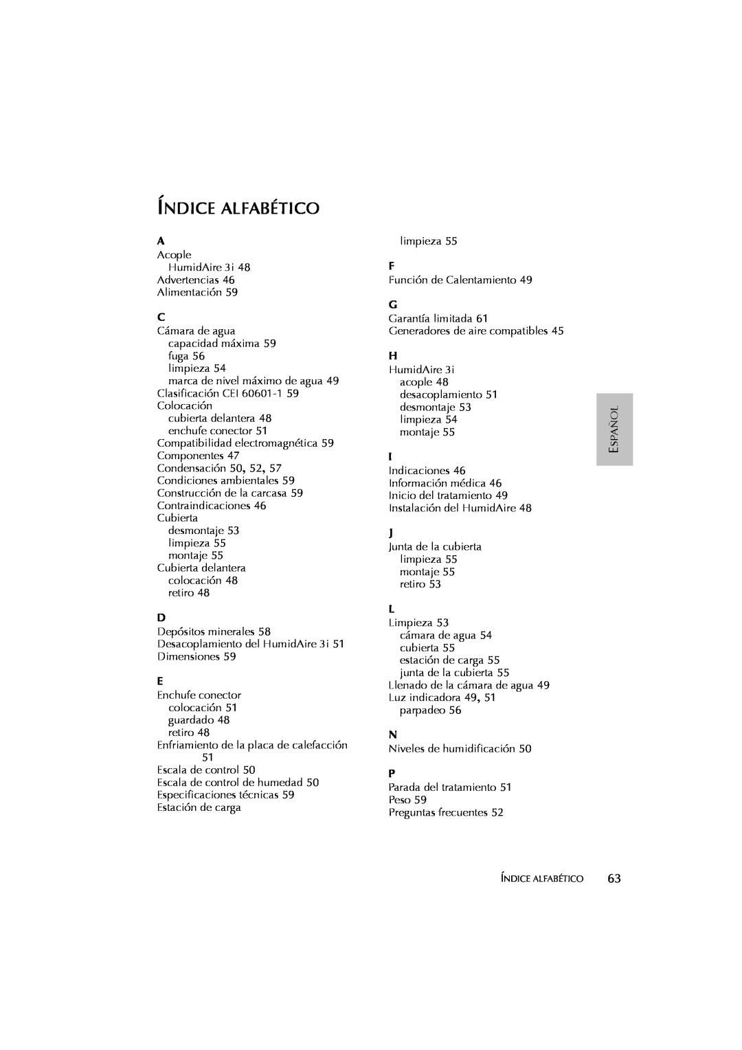 ResMed 3I user manual Índice Alfabético 