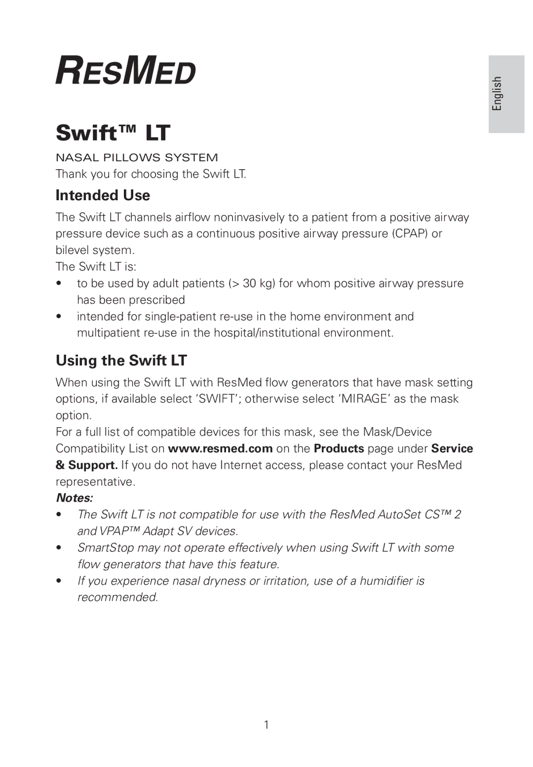 ResMed 60561 manual Intended Use, Using the Swift LT 