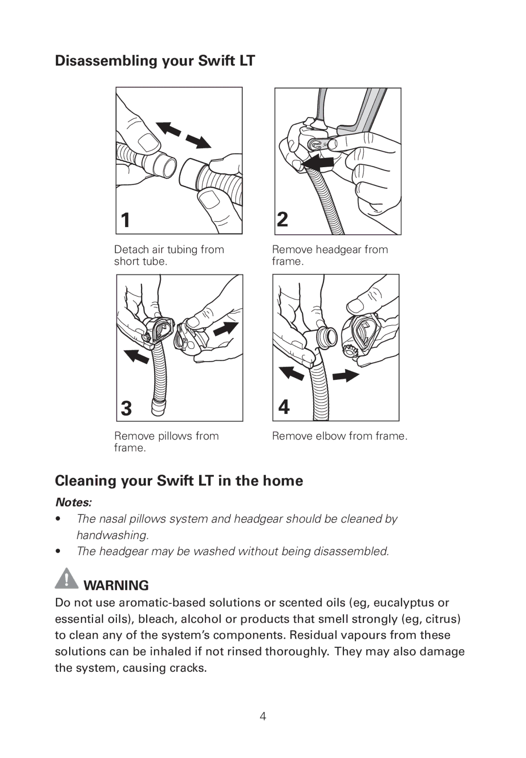 ResMed 60561 manual Disassembling your Swift LT, Cleaning your Swift LT in the home 