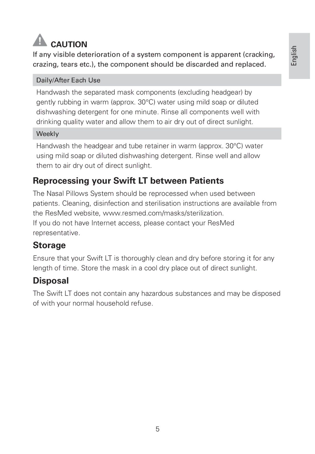 ResMed 60561 manual Reprocessing your Swift LT between Patients, Storage, Disposal 