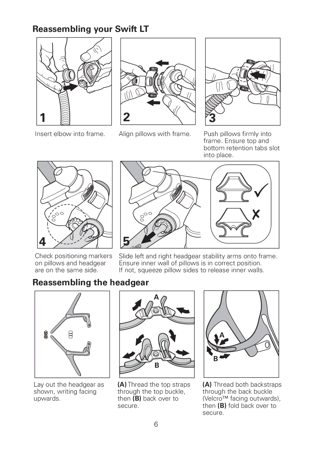 ResMed 60561 manual Reassembling your Swift LT, Reassembling the headgear 